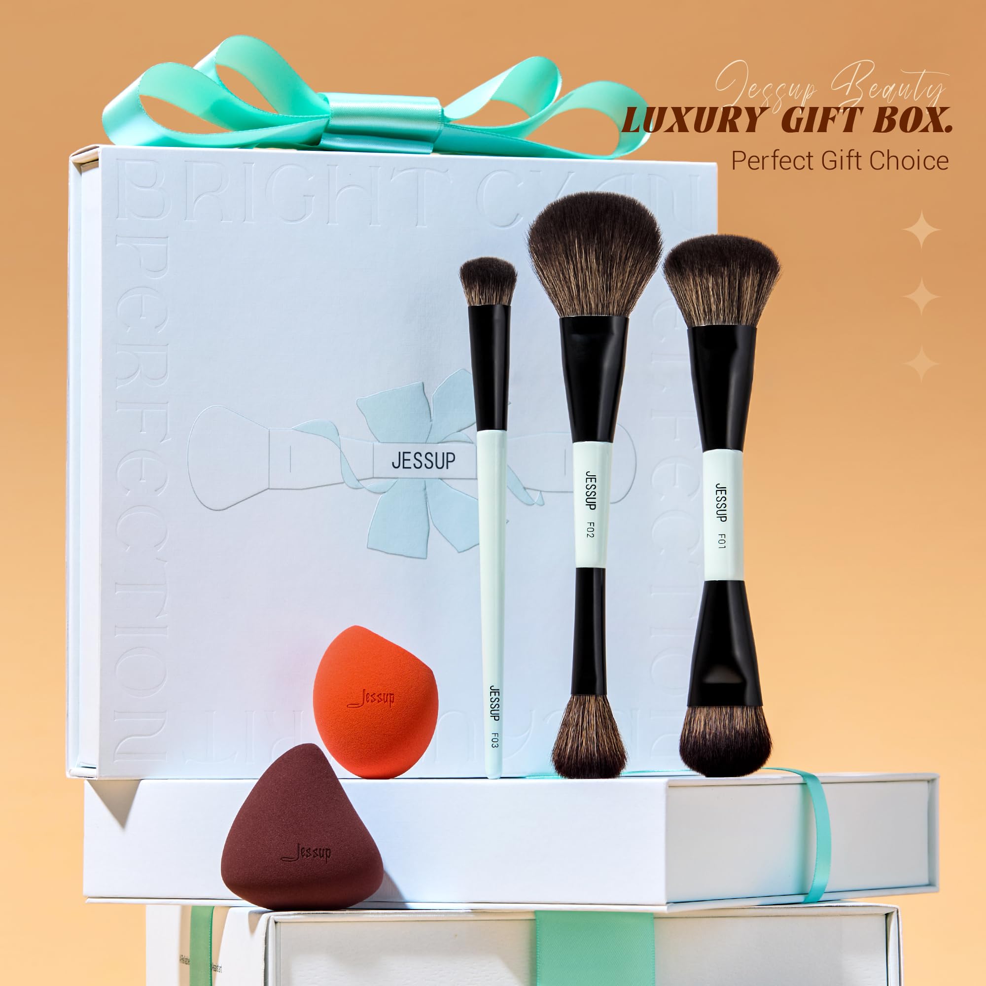 Jessup Face Makeup Brushes With Makeup Sponge, 3Pcs Double Ended Makeup Brush For Foundation Contour Blush Highlight And Conceal