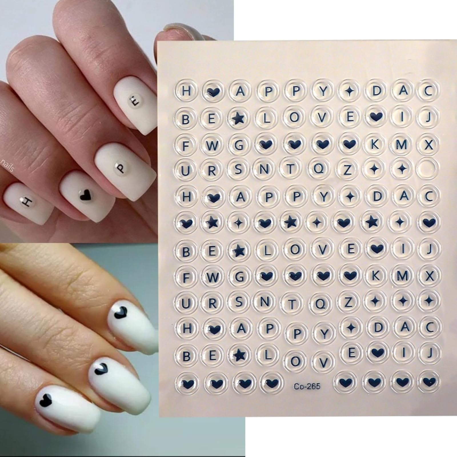 Black Heart Nail Art Stickers 5D Embossed Letter Nail Stickers Self-Adhesive with Star Design Shiny Valentines Nail Decals Sprin