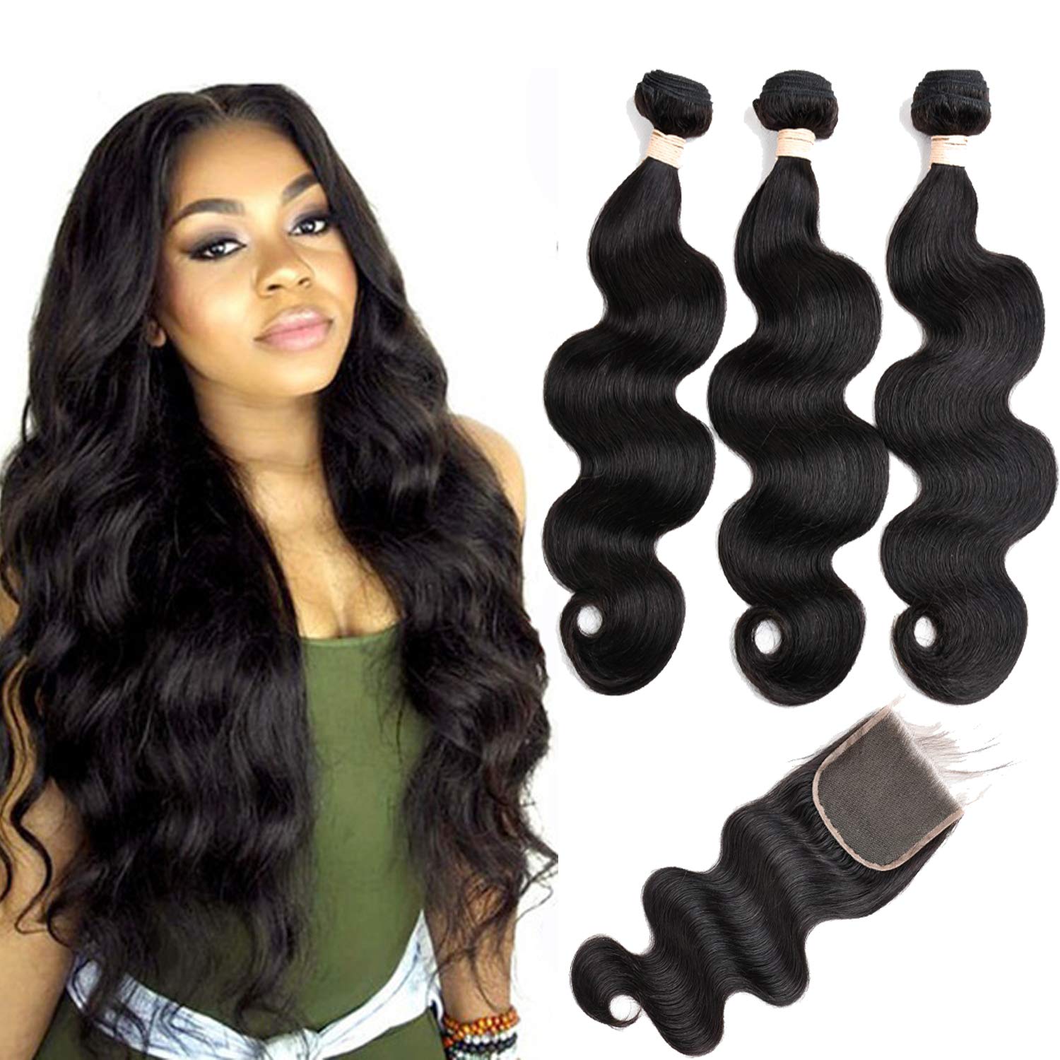 Beauhair Brazilian Body Wave Virgin Human Hair Bundles with Closure (22 24 26 with 20 closure) Unprocessed Bundles with Lace Clo
