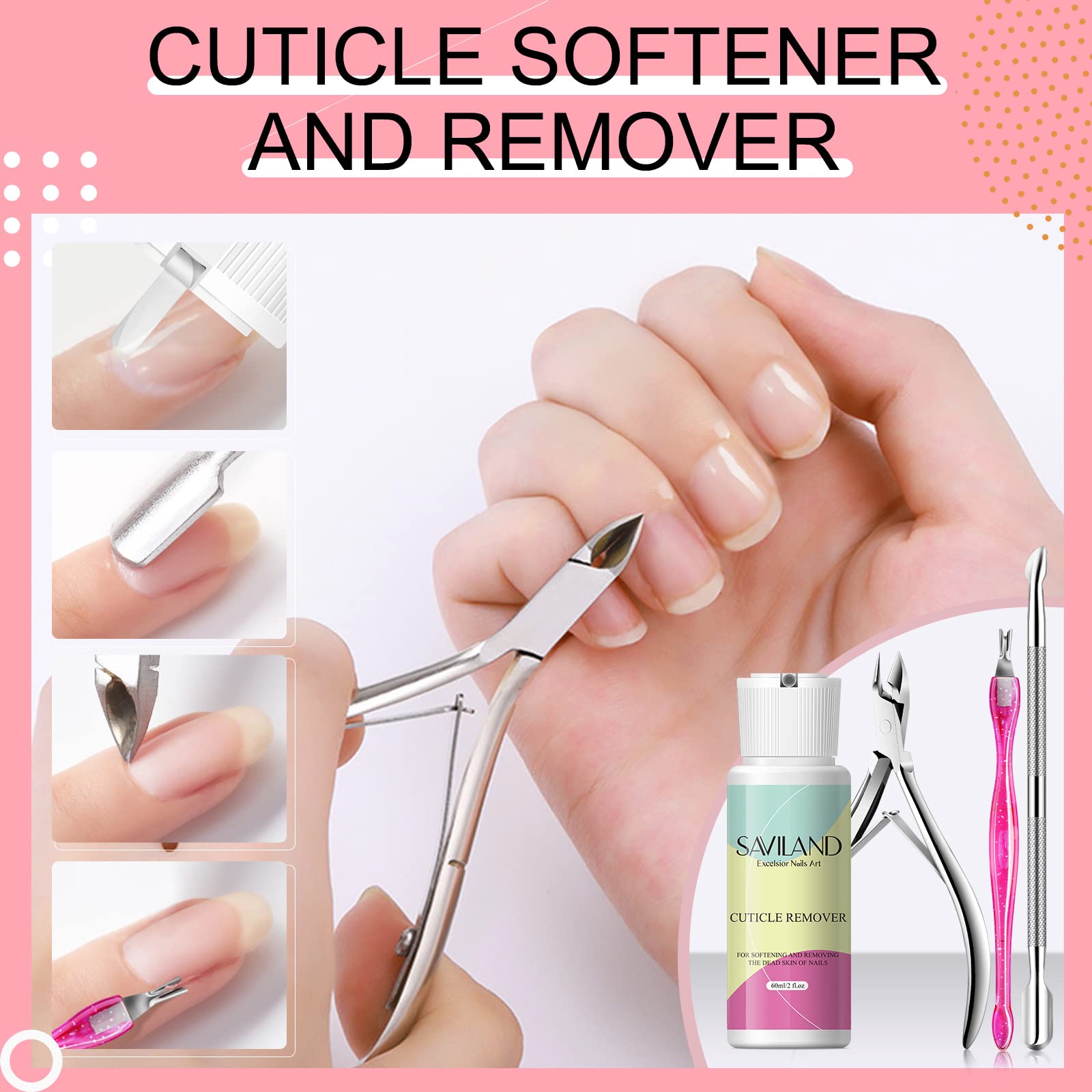 SAVILAND Cuticle Remover Kit - 2.03 OZ Liquid Cream with Trimmer, Nipper & Pusher, Ideal Christmas Gifts for Women