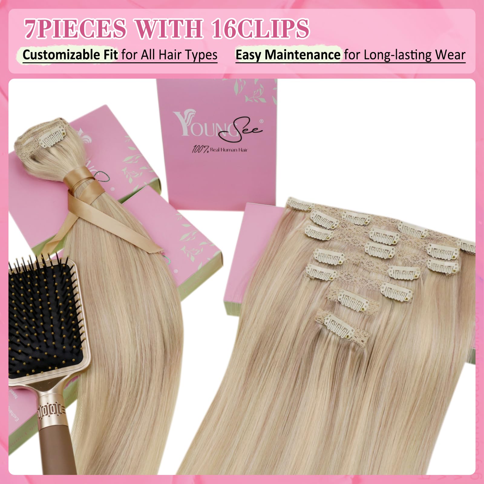 YoungSee Clip in Human Hair Extension Highlight Clip on Hair Extension Warm Ash Blonde Highlights Bleach Blonde Real Human Hair