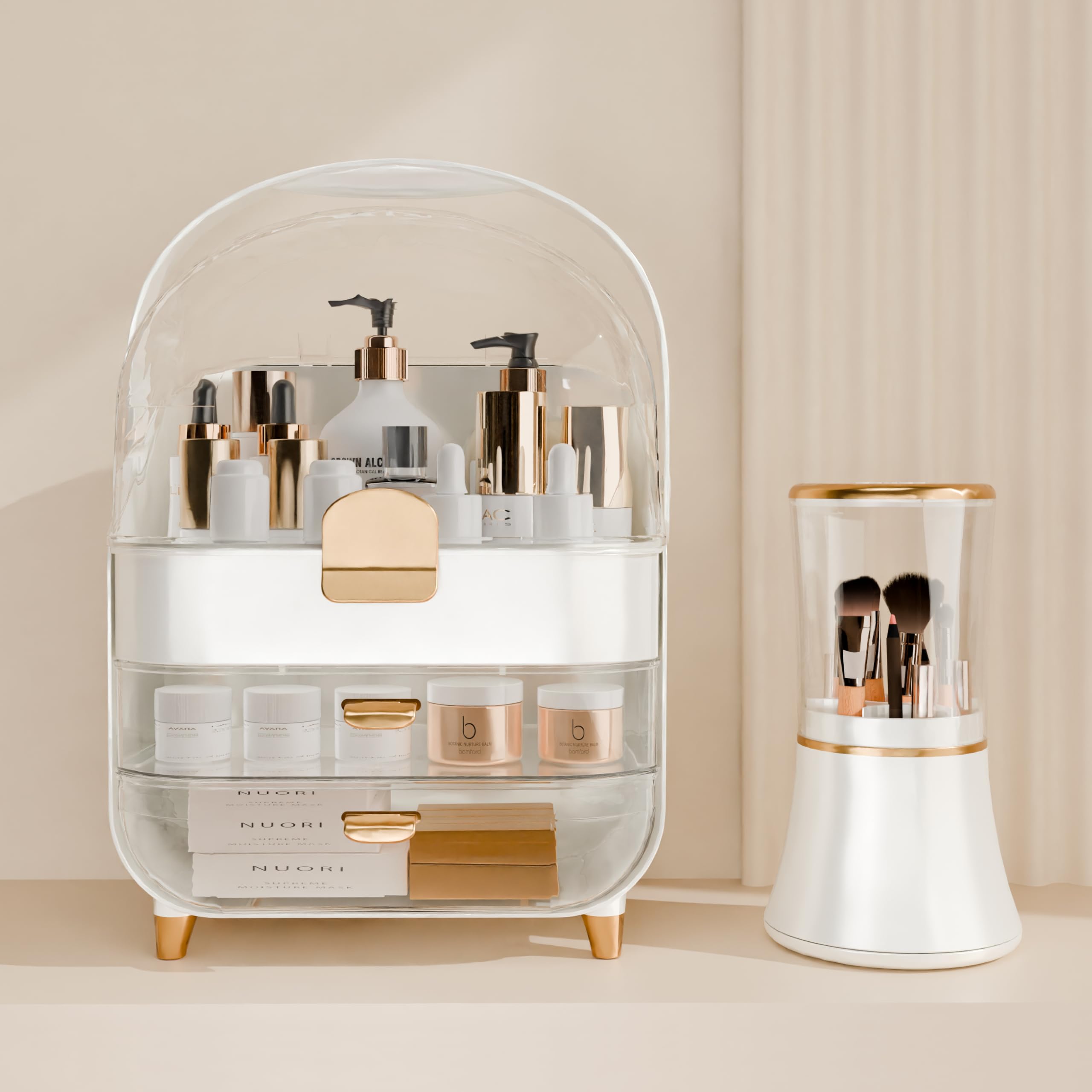 Makeup Organizer Countertop With Lid And Drawers Large Skin Care Cosmetic Display Case Holder for Vanity Desk Bathroom Storage B