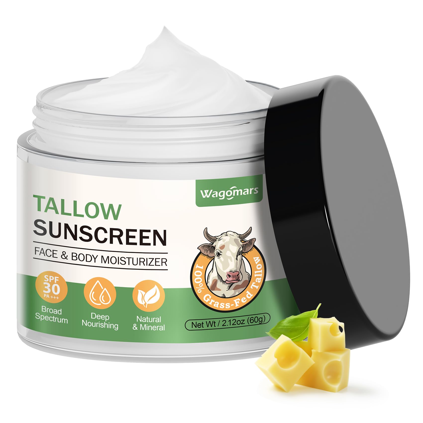 Wagomars Tallow Sunscreen SPF 30 - Non-Toxic Natural Mineral Sunscreen with Zinc Oxide & Beef Tallow - Organic Reef Safe Sunbloc