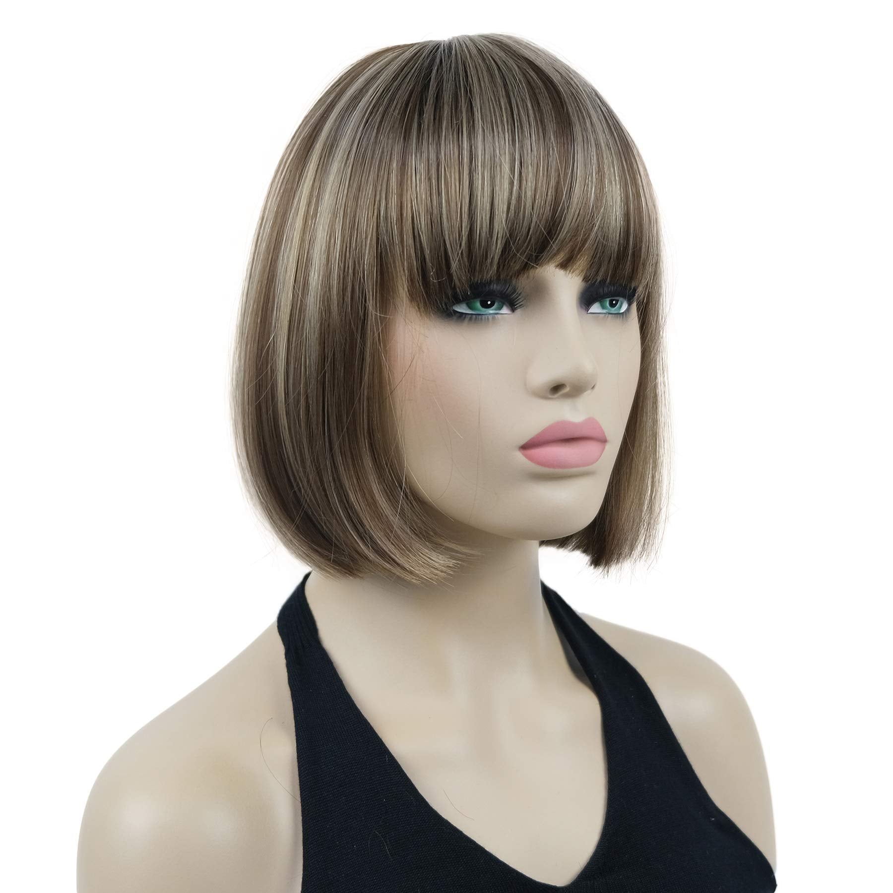 Lydell 8'' Straight Short Bob Hair Flat Bangs Cute Central Dot Skin Top Heat Resistant Synthetic Wigs (Ab607)