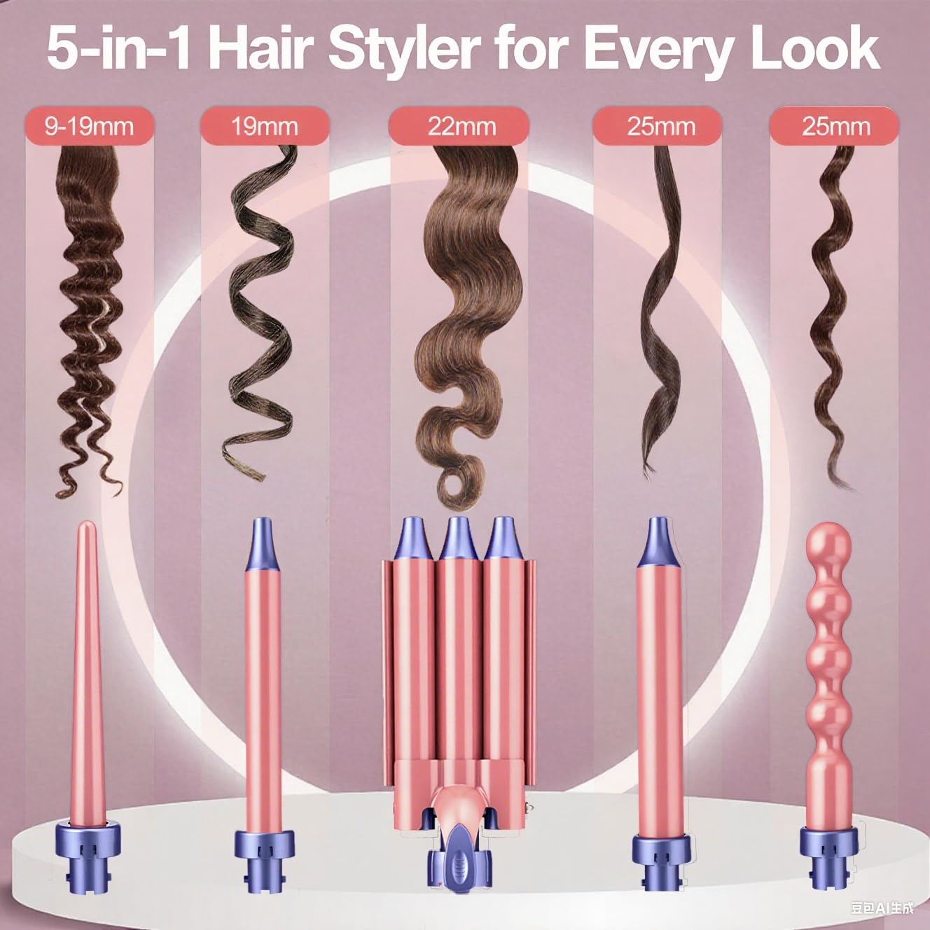 Brightup PRO 5-in-1 Curling Iron Wand, Ceramic, LCD Display, 3 Barrels, Pink, 12 Inch x 10.44 Inch, Frizz-Free Waves and C