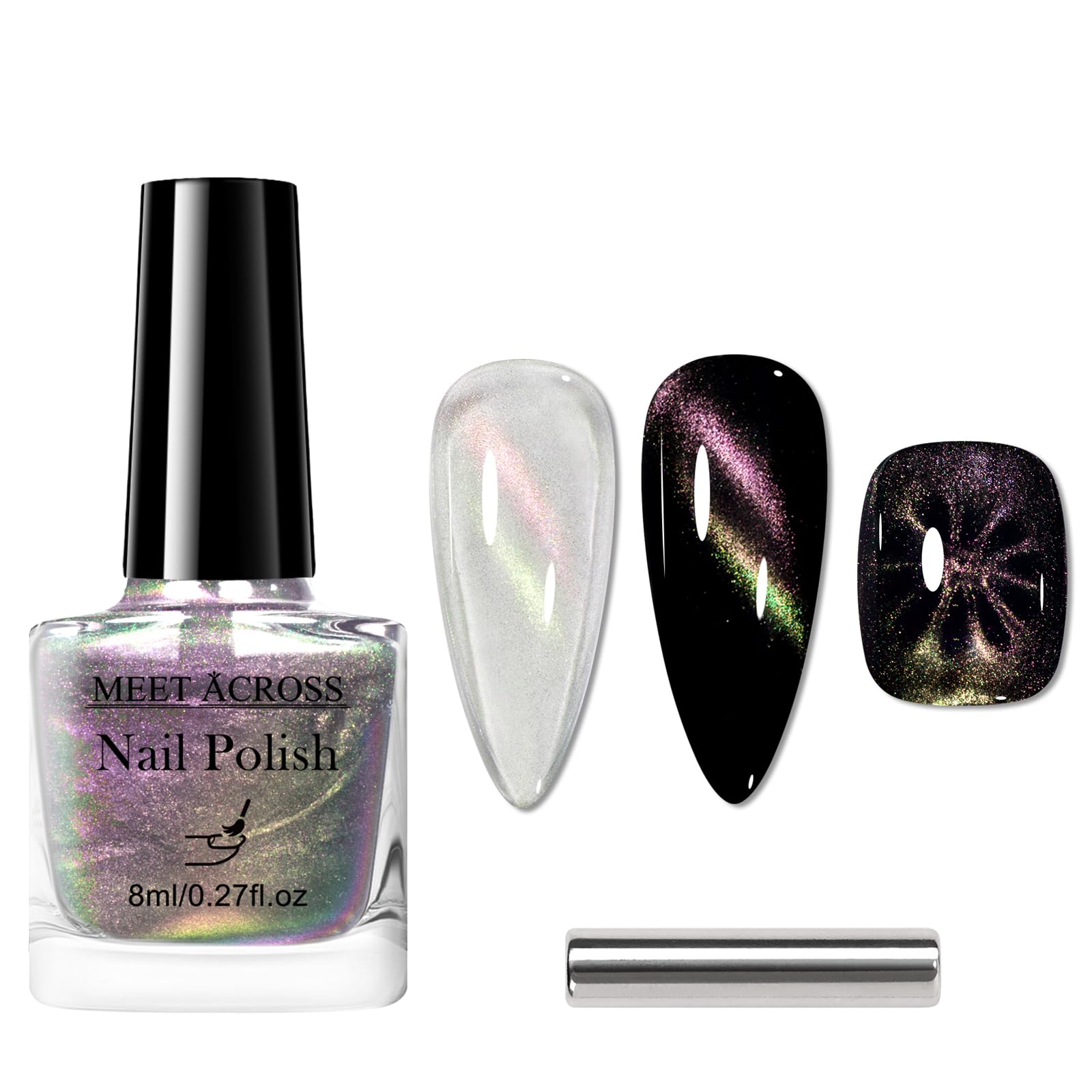 MEET ACROSS Cat Eye Nail Polish with 1 Magnet, Chameleon Nail Polish Double Magic Colors Effect Magnetic Kit Salon DIY at Home