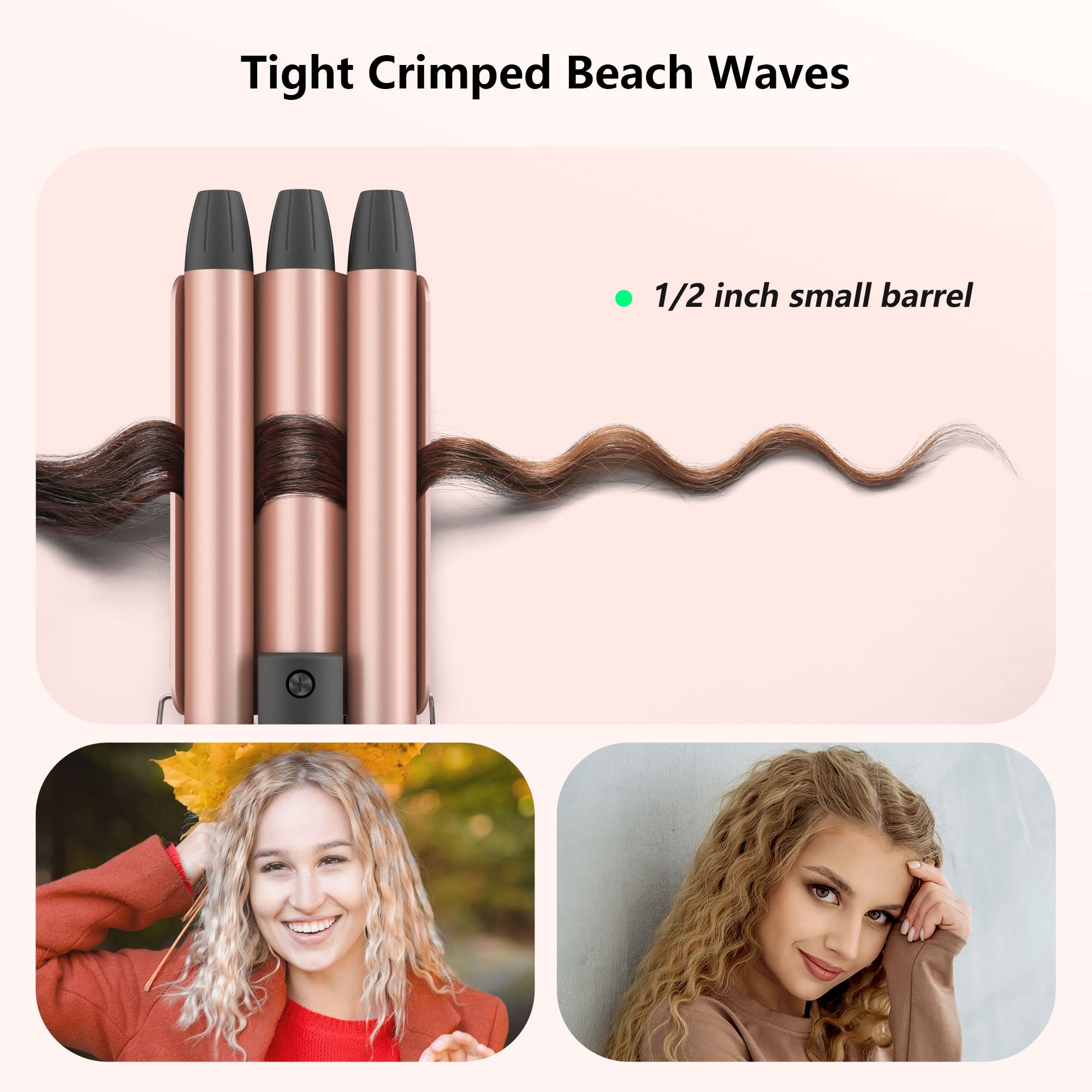 ORYNNE Small Hair Crimper, 1/2 Inch Beach Waves Curling Iron, Mini Hair Waver for Short & Long Hair, Argan Oil Infused 3 Barrel