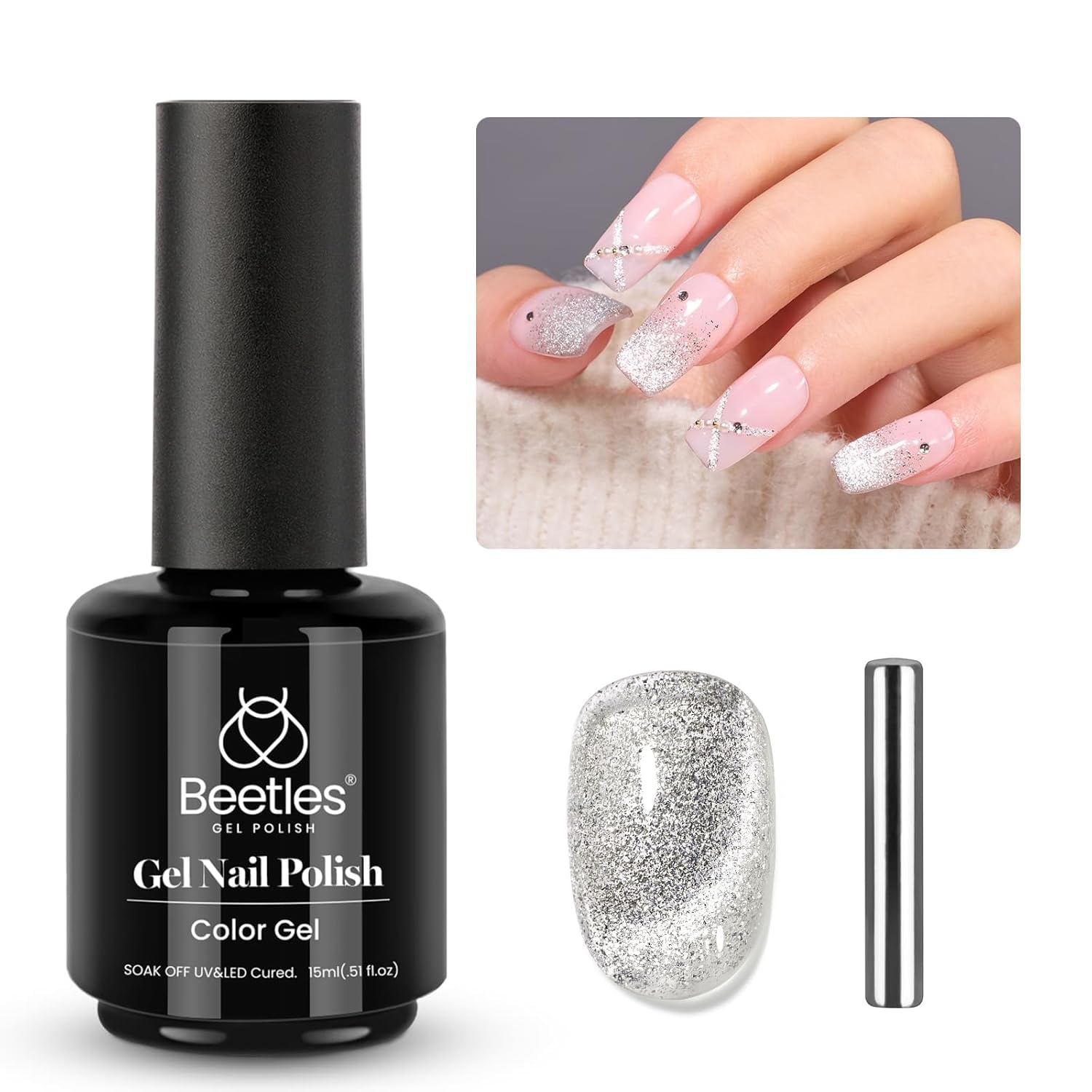 Beetles Cat Eye Gel Nail Polish, 15Ml Silver Glitter Gel Nail Polish, Holographic Glitter Silver Cat Eye Gel Nail Polish Magnet,
