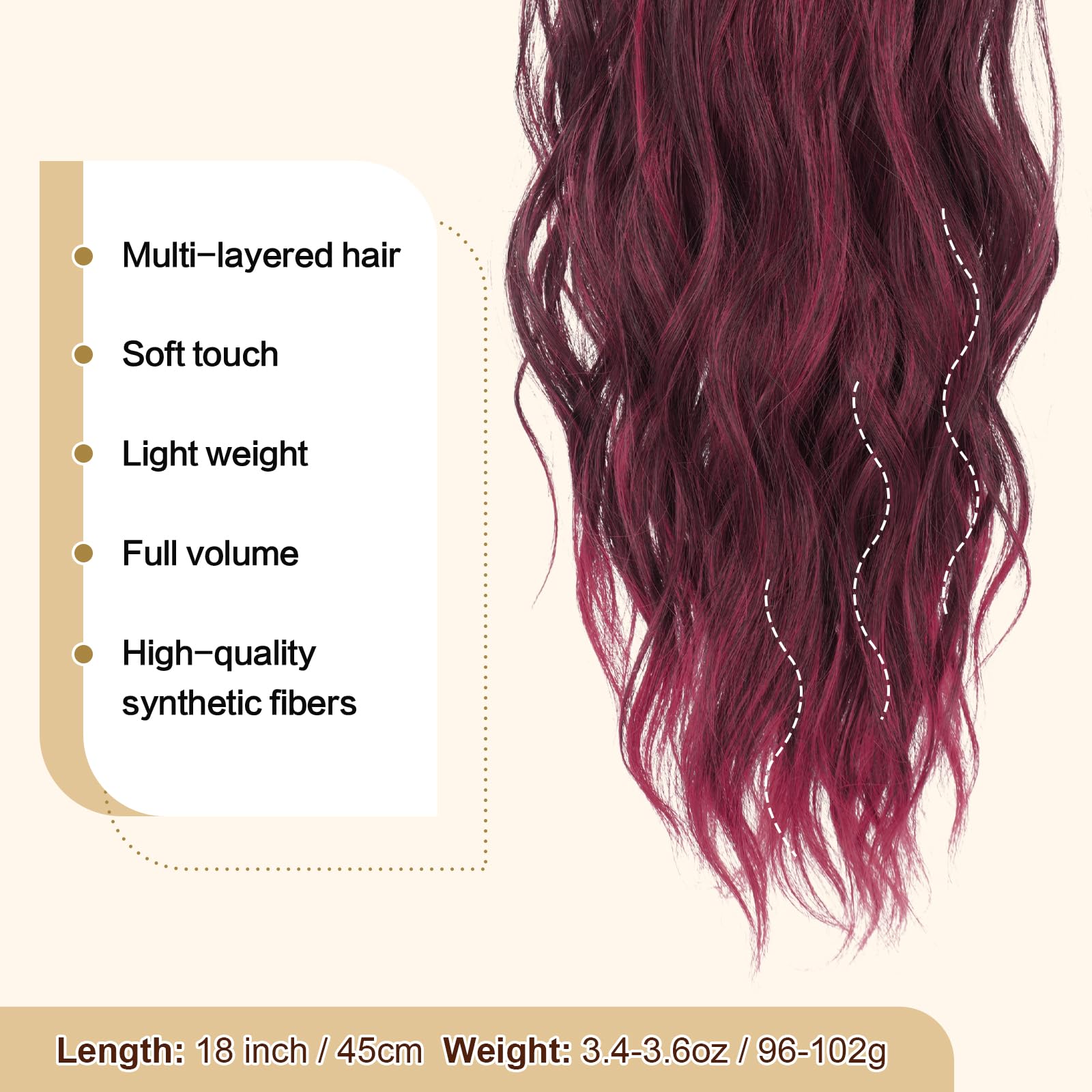 FESHFEN Ponytail Extensions, Drawstring Ponytails Hair Extension Black Ombre Red Long Curly Wavy Hair Piece Synthetic Pony Tail