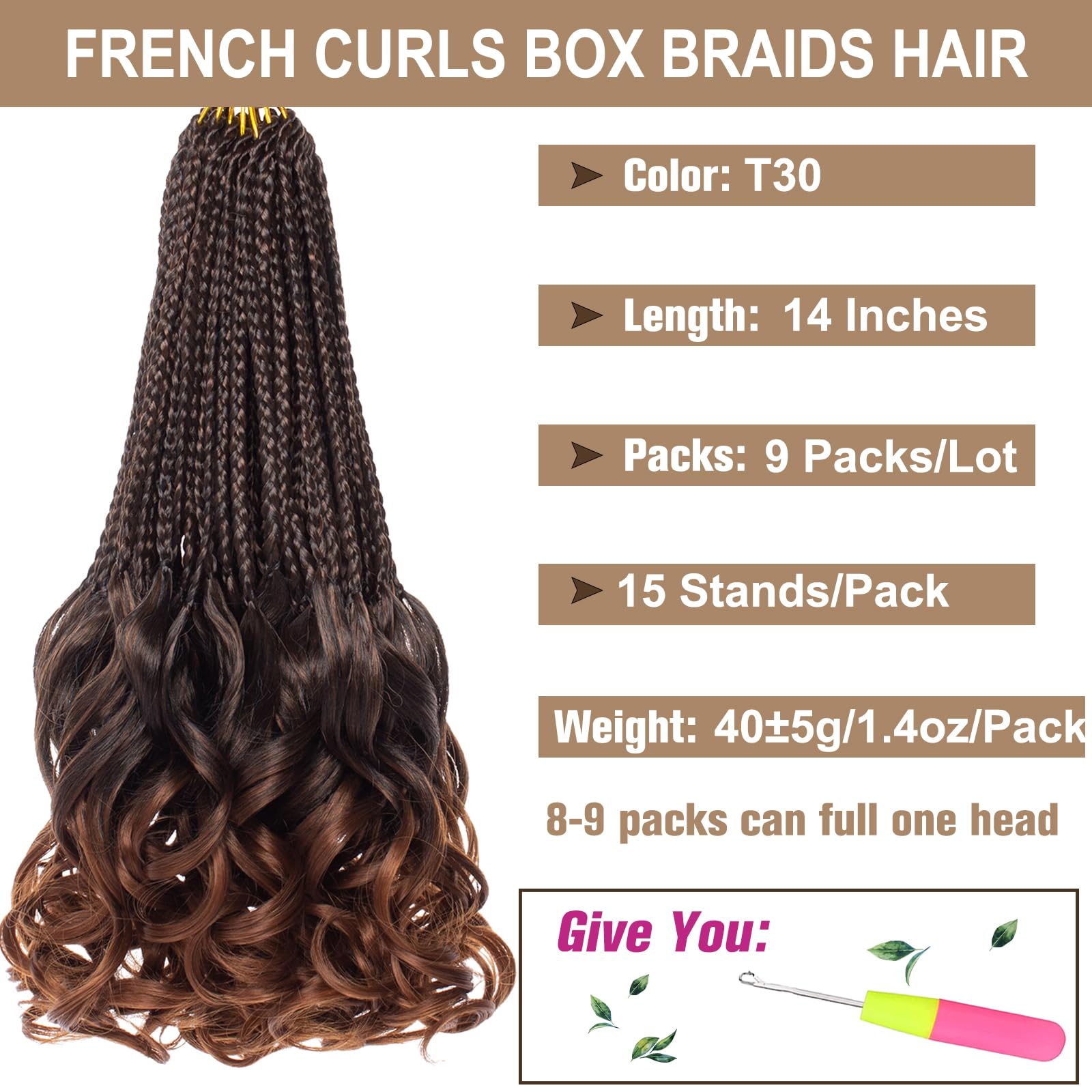 COOKOO 9 PCS French Curly Crochet Braids 14 Inch Pre Looped Ombre Brown Goddess Box Braids Crochet Hair with Curls At The End Bo