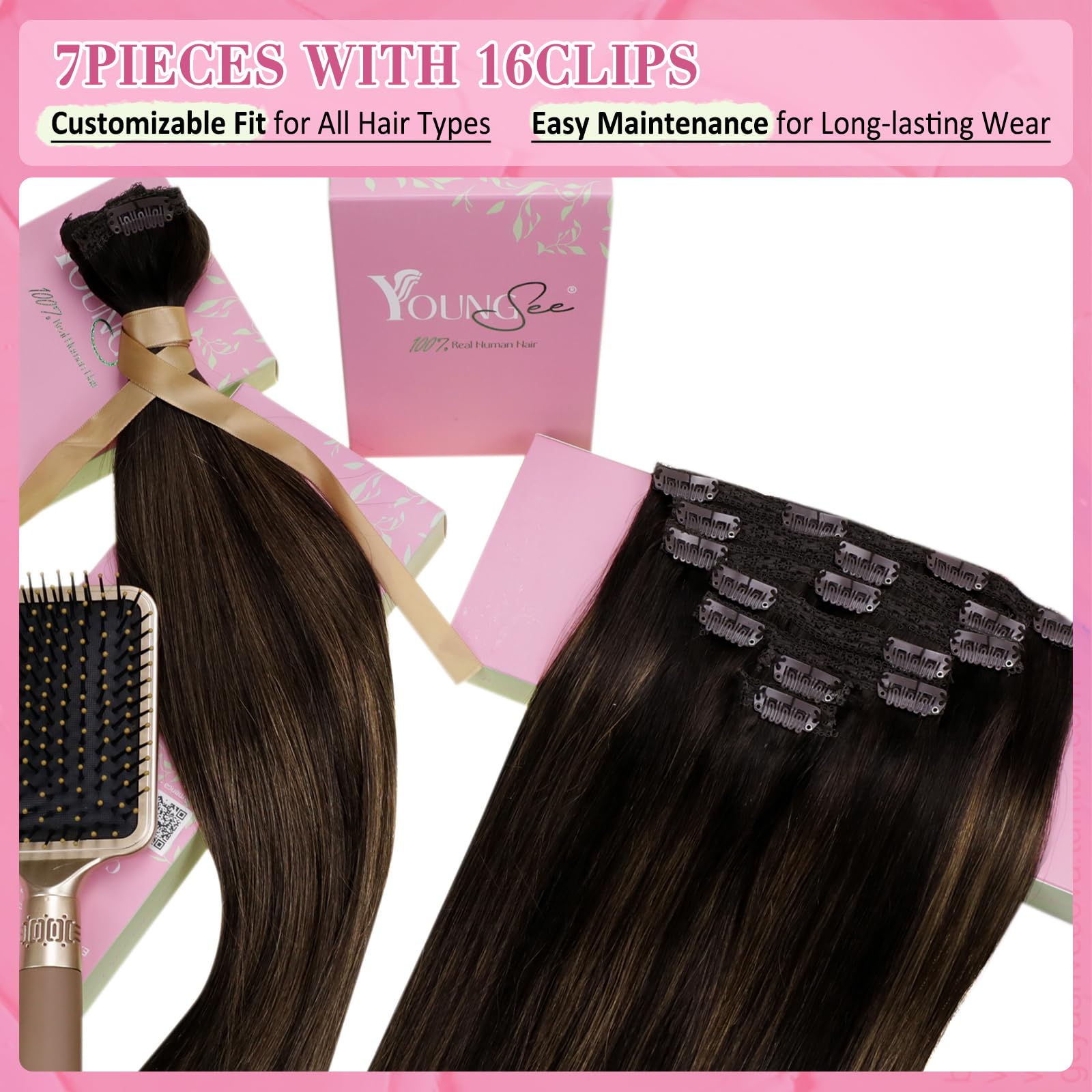 YoungSee 135G Clip in Hair Extensions Human Hair Brown Balayage Lace Clip in Real Hair Extensions Dark Brown Mix Medium Brown Hi