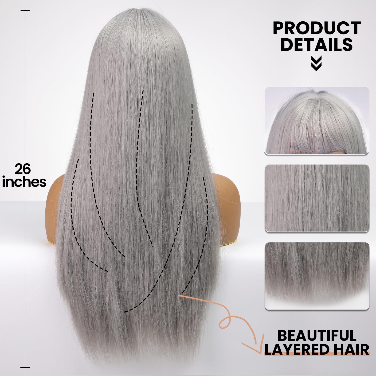 Emmor Grey Wig With Bangs For Women Long Straight Wigs Synthetic Layered Hairstyle For Girls Party Cosplay And Daily Use(26'' Si
