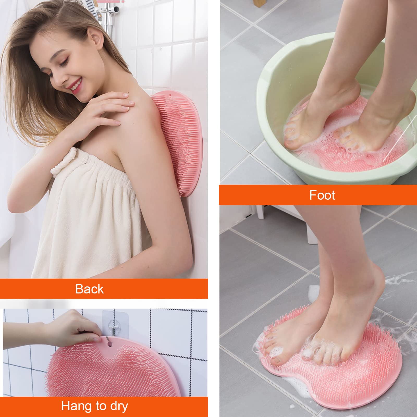 Vophia 2 Pack Shower Back & Foot Scrubber,Wall Mounted Back Scrubber Silicone Bath Massage Cushion Brush With Suction Cups,Bathr