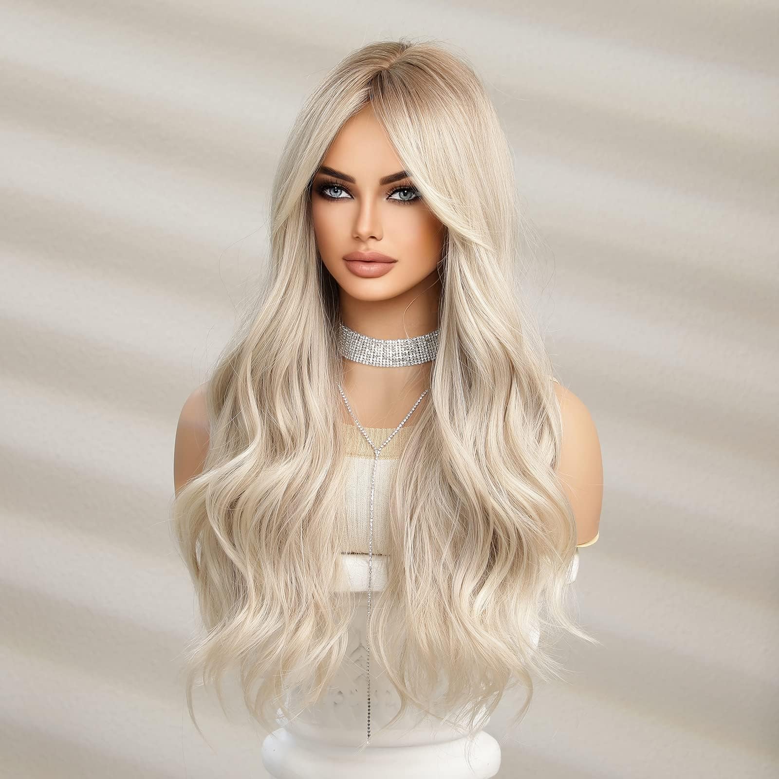 Jooler Blonde Wig With Bangs Platinum Blonde Wigs For Women Long Blonde Wig For Women Ombre Blonde Wigs With Dark Roots Natural