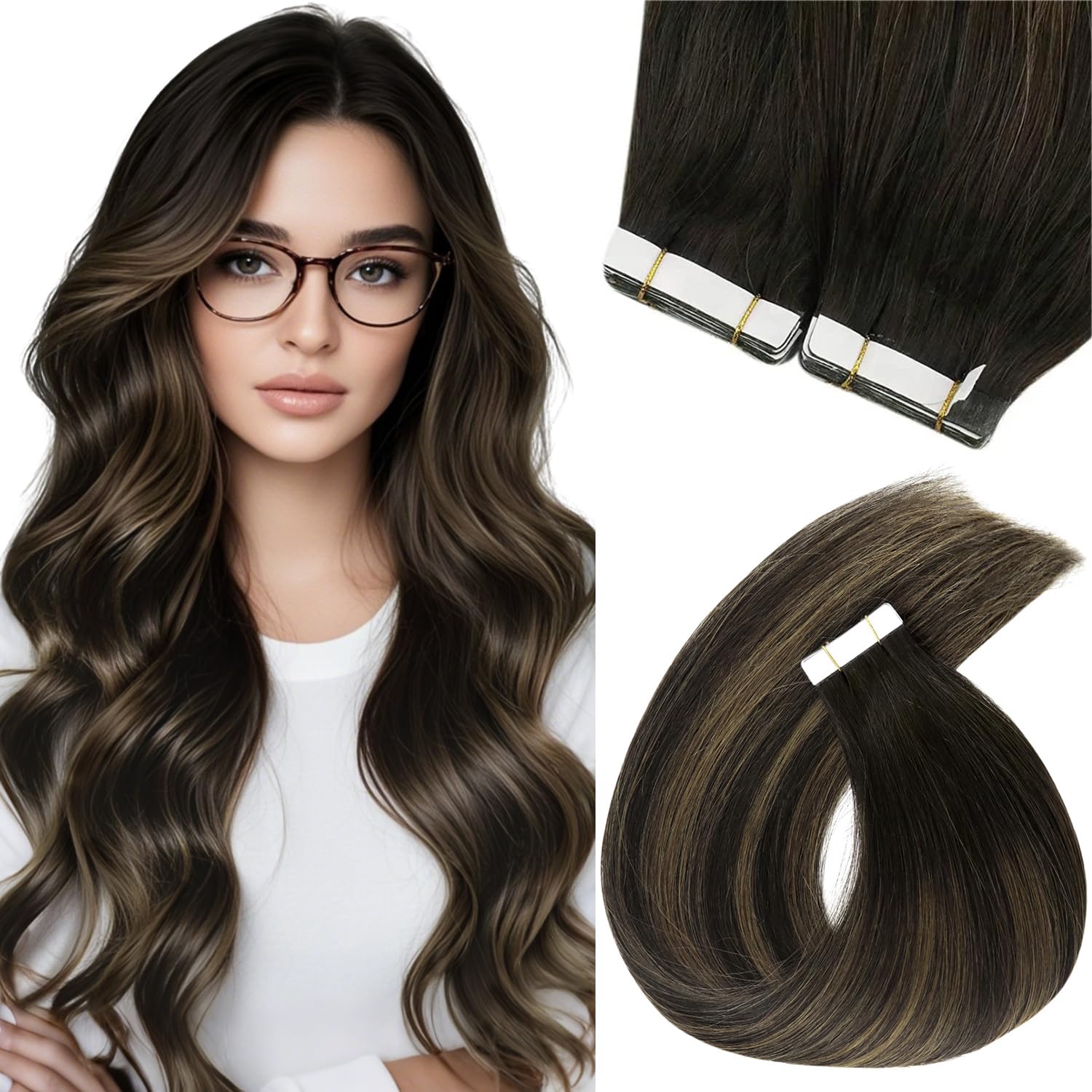 Sunny Hair Tape in Hair Extensions Real Human Hair Invisible Remy Hair Extensions Tape ins for Women Darkest Brown Ombre Medium 
