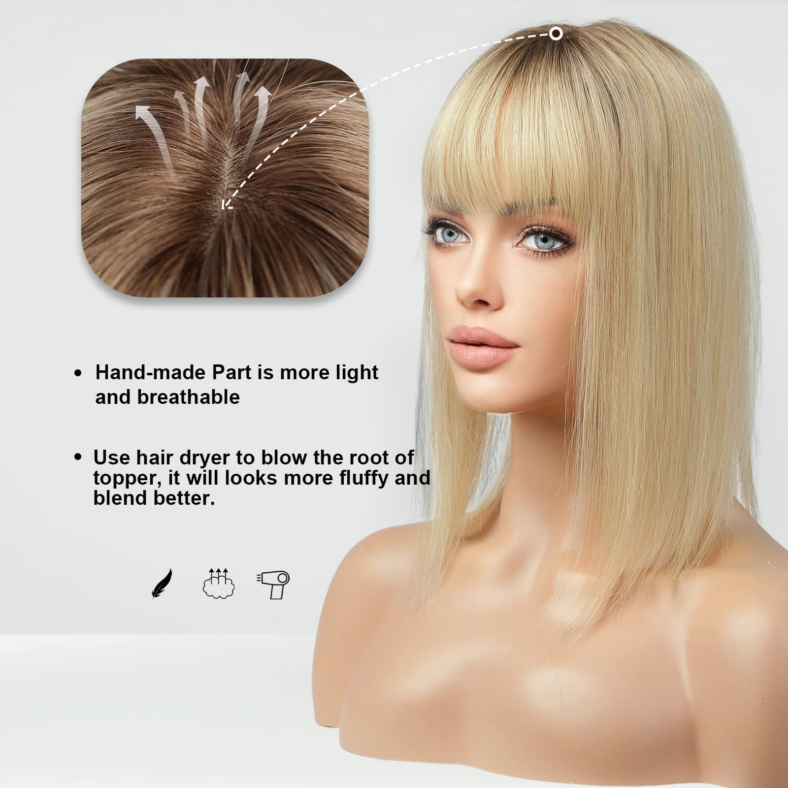 HAIRCUBE Human Hair Toppers For Women, 100% Remy Human Hair Topper With Bangs, 150% Density Silk Base Clip In Topper 14 inch 40g