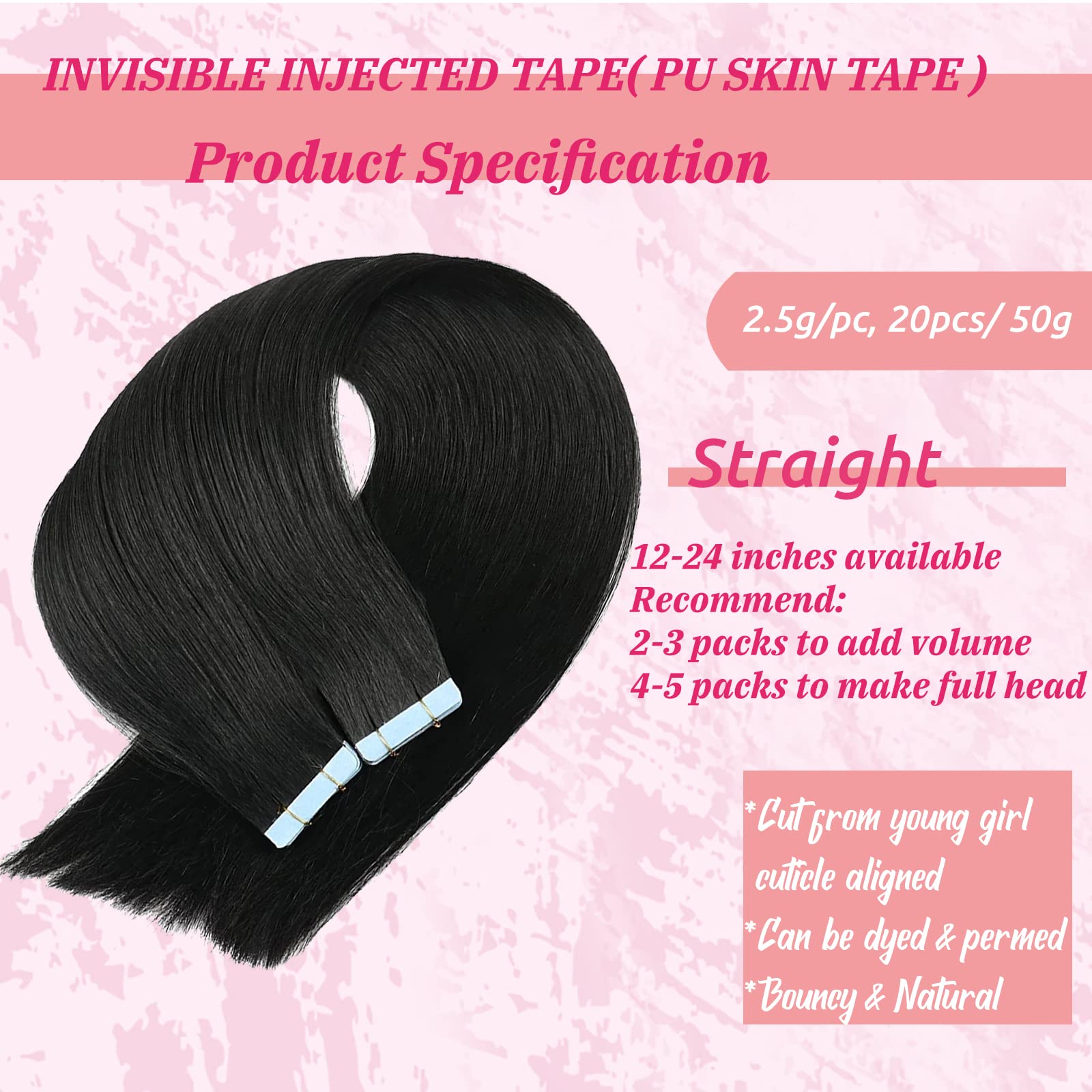 Black Tape In Human Hair Extensions Tape Ins For Women,Silky Straight Real Human Hair Tape In Extensions 50Grams 20Pcs Double Si