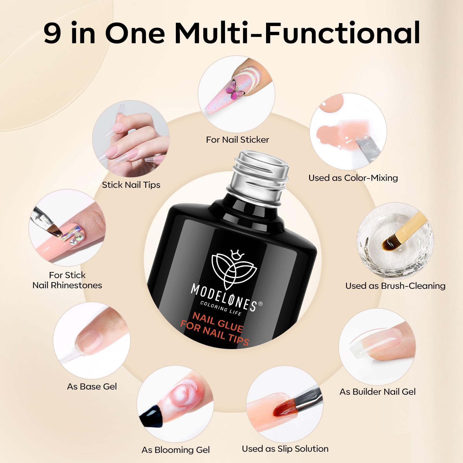 Modelones 5 in 1 Nail Glue Base Coat Set, 15ml, Crystal Material, 2 Pcs, Ideal for Rhinestones and False Nails