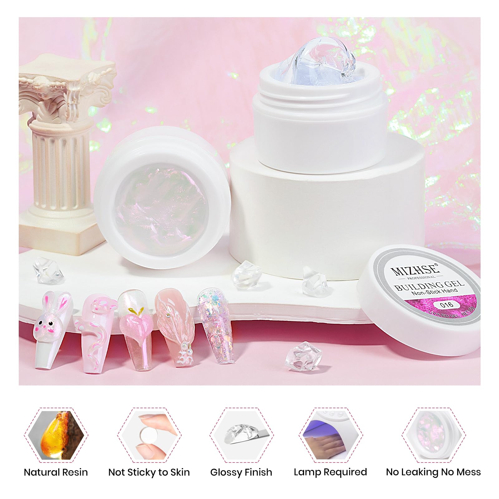 Mizhse Solid Builder Gel, Aurora Pink & Clear Hard Gel For Nails, Non-Sticky Building Gel Sculpting Gel 3D Gel Nail Mermaid Pear