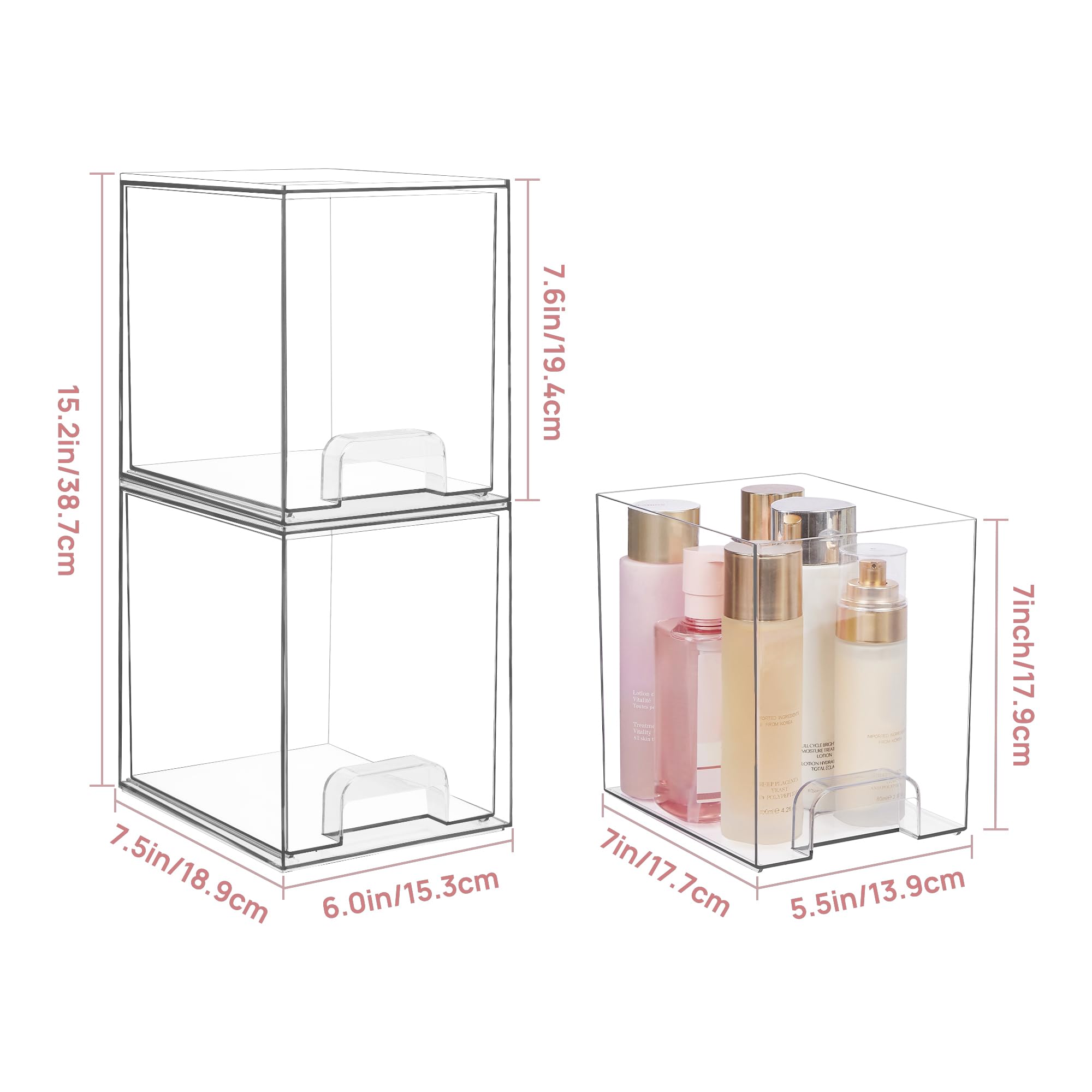 Vtopmart 4 Pack Clear Stackable Storage Drawers,7.6'' H Plastic Organizers Bins For Skincare, Bathroom Supplies,Ideal For Cabine