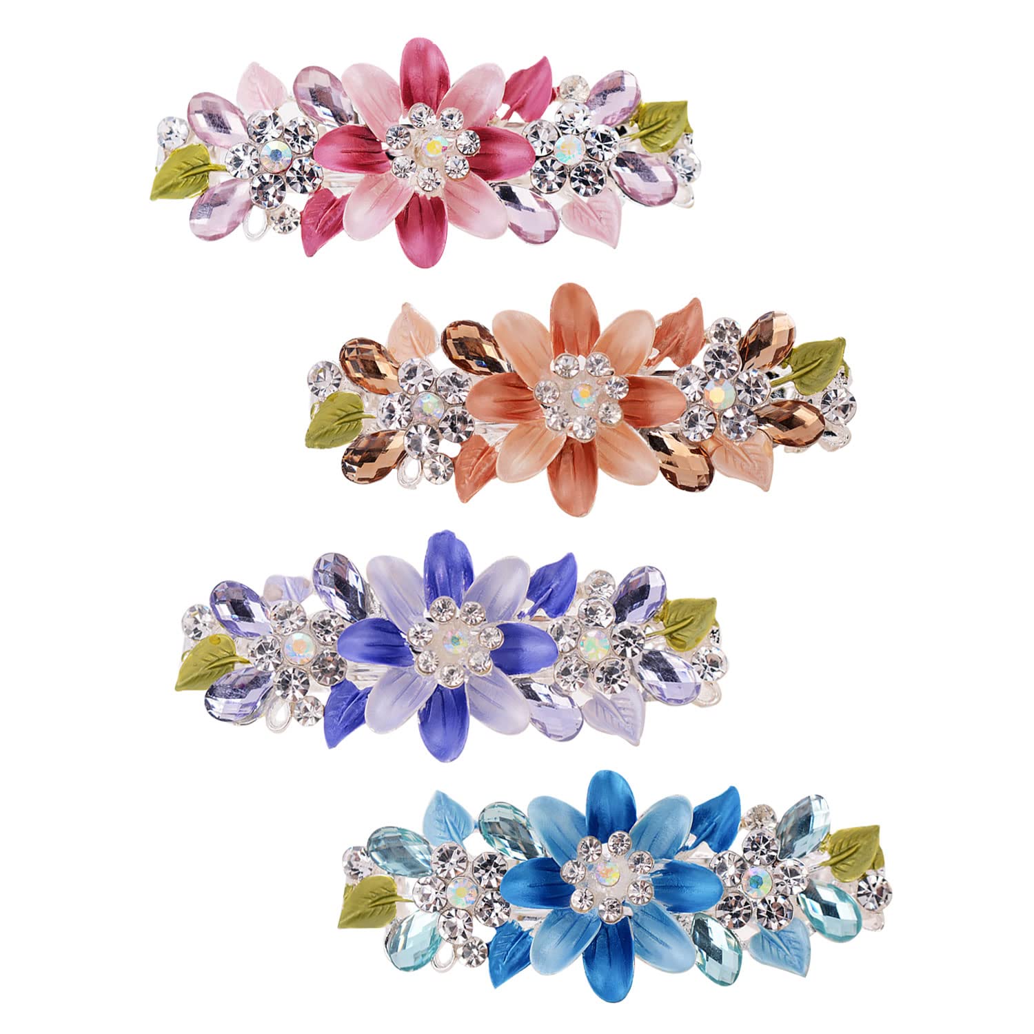 inSowni 4 Pack Glitter Sparkly Gems Crystal Rhinestones Flower Metal French Barrettes Floral Alligator Snap Hair Clips Accessori