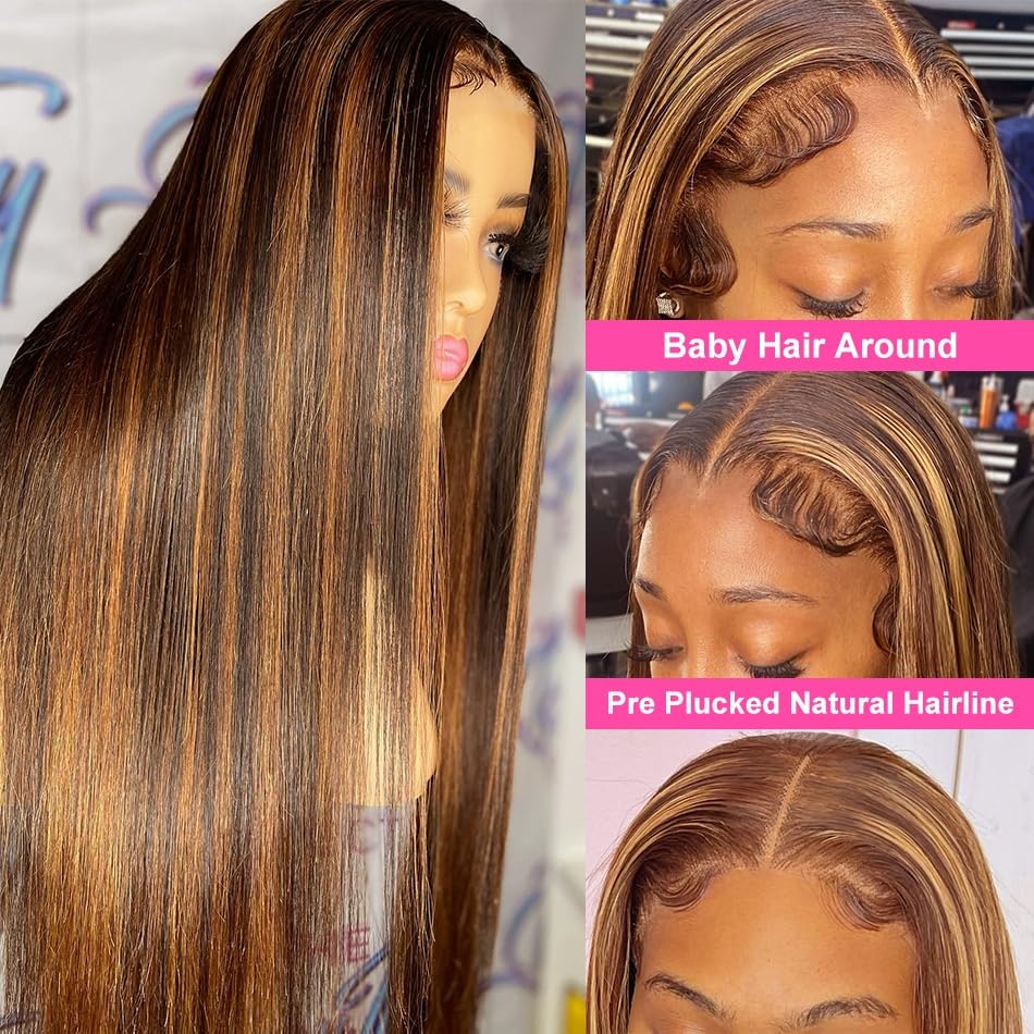 Flady 28 Inch Ombre Highlight Lace Front Wig Human Hair Pre Plucked Hd Lace Frontal Wig 4/27 Glueless Straight Wigs Human Hair S