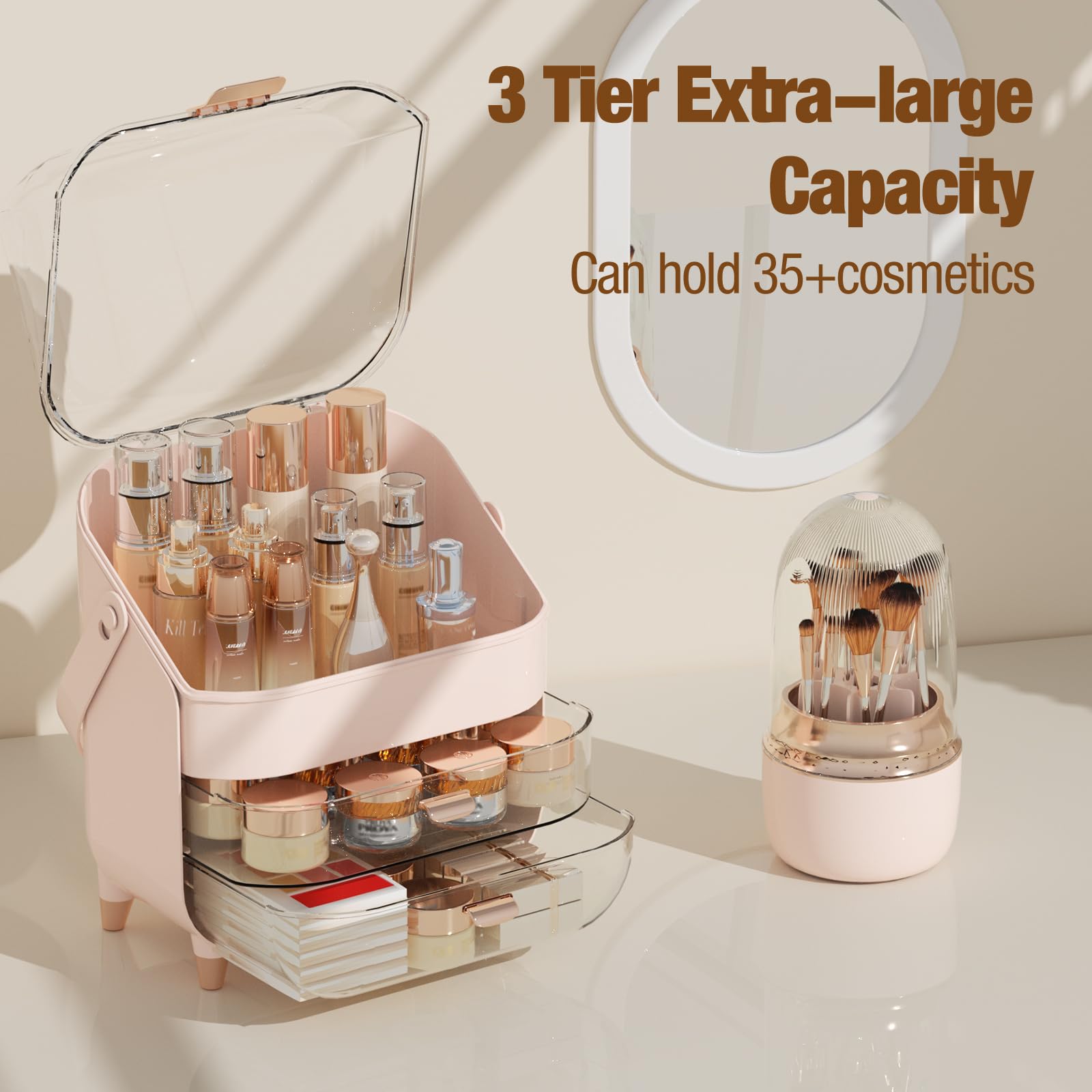 CLBDRESS Makeup Organizer Countertop, Makeup Brush Holder with Lid & Drawers, Bathroom Vanity Organizer and Storage, Make Up Org
