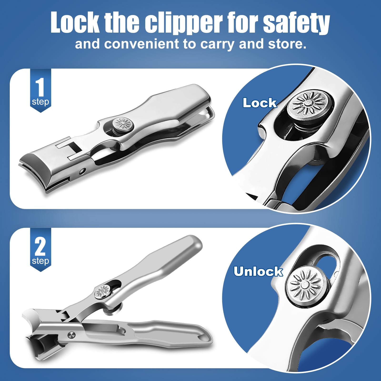 GJNL Stainless Steel Nail Clippers for Men - Wide Jaw, Anti-Splash, Silver, Ideal for Thick Nails and Seniors