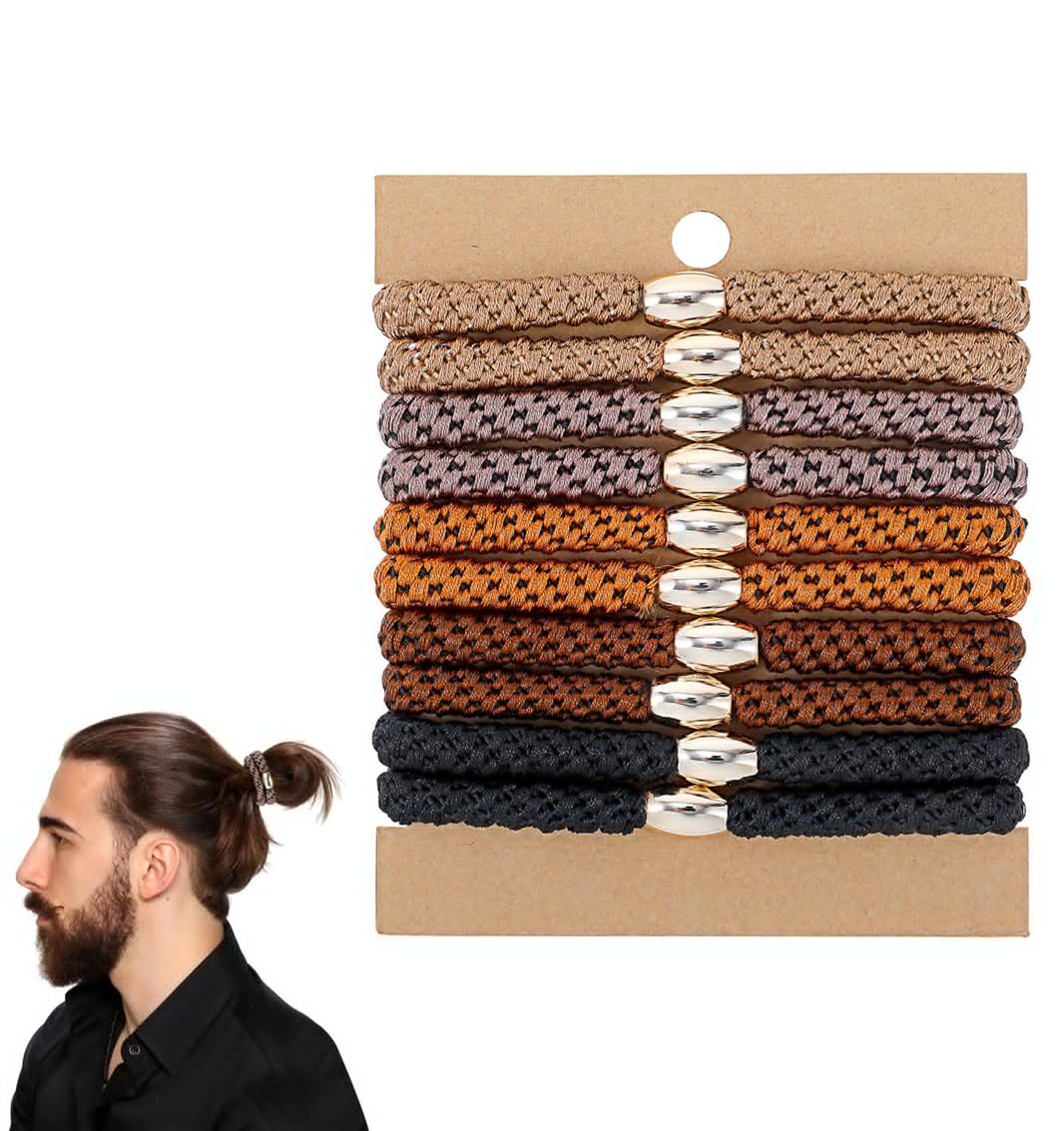 Mens Hair Ties, 10Pcs Braided Nylon Mens Hair Ties Bracelet with Metal Beads & Roman Style for Guys, Men, Women, Long Hairtype