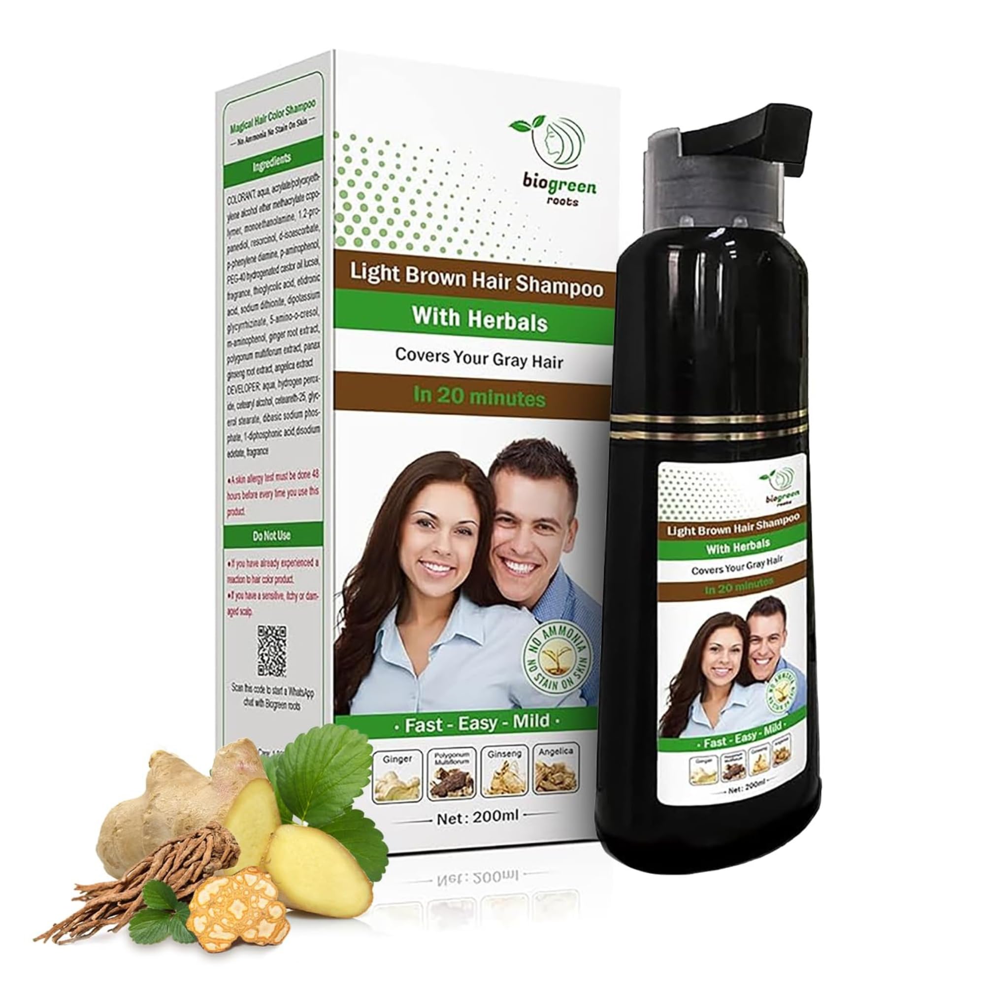 Biogreen Roots Ammonia-Free Herbal Shampoo 200ml+200ml - Light Brown Hair Color with Natural Ingredients for Men and Women - Cli