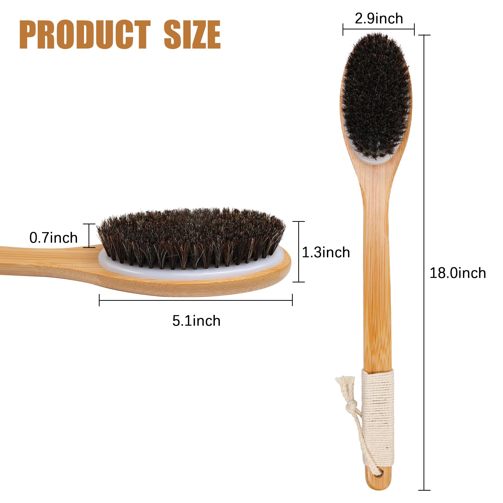 Owiizi Horsehair Bath Brush Bamboo Curved Long Handle Antiskid Body Brush For Exfoliating, Natural Mane Shower Scrubber For Back