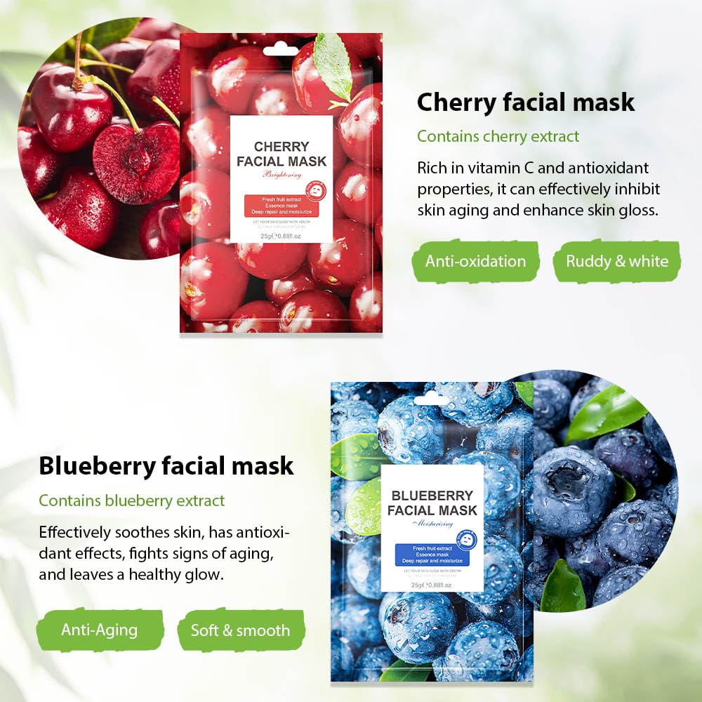 6 Pcs Real Nature Hydrating Strawberry Cherry Peach Face Mask Skincare, Hyaluronic Acid, Vitamin C And E, Chamomile, Korean Beau