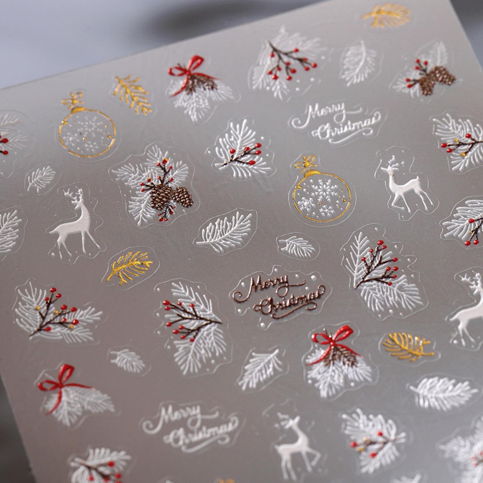 Christmas Nail Art Stickers 5D Embossed Elk Nail Stickers Cute Self-Adhesive Snowflake Feather Leaf Xmas Nail Decals Decoration