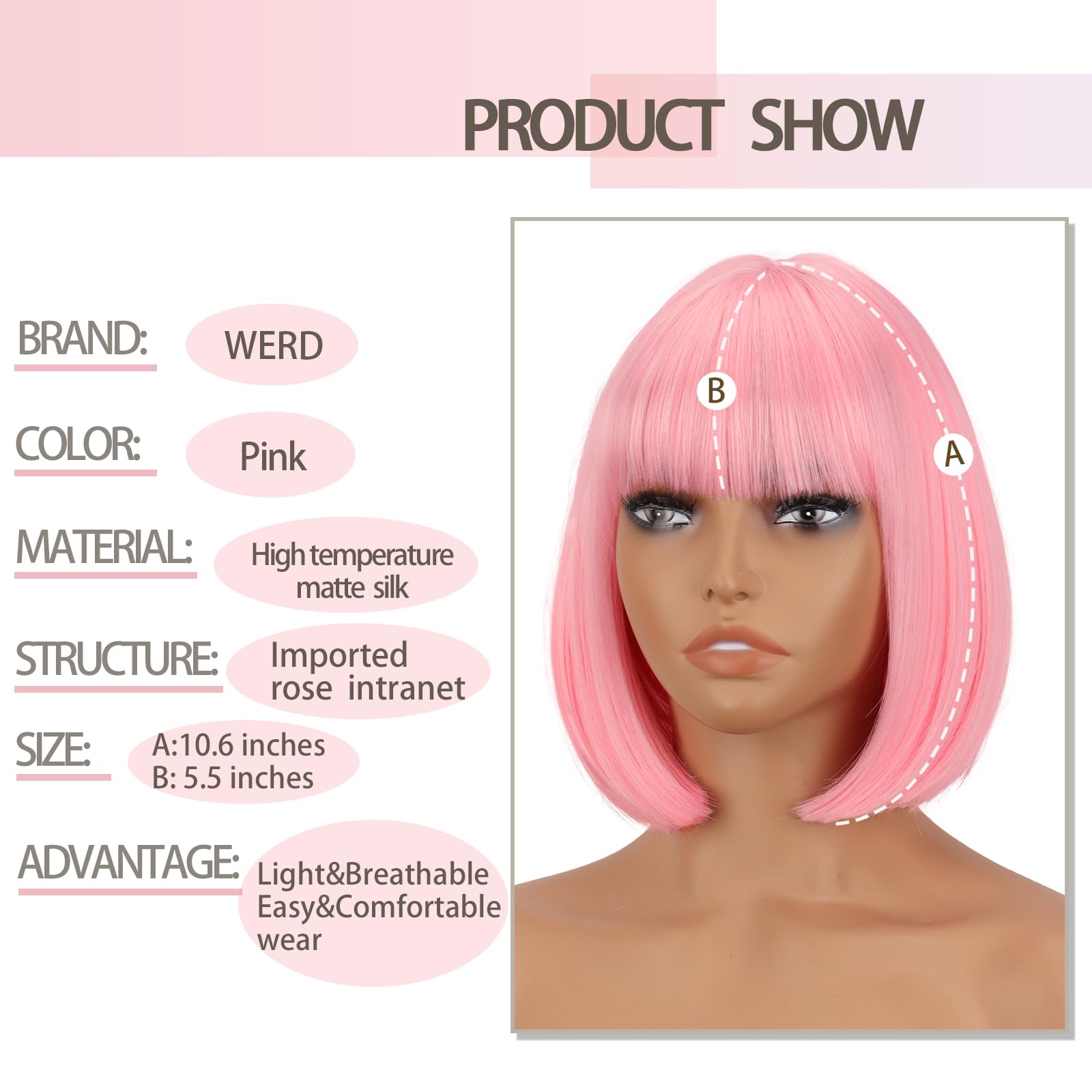 Werd Short Pink Bob Wig For Women Light Pink Wig With Bangs Synthetic Hair Straight Pink Bob Wig For Daily Party Cosplay