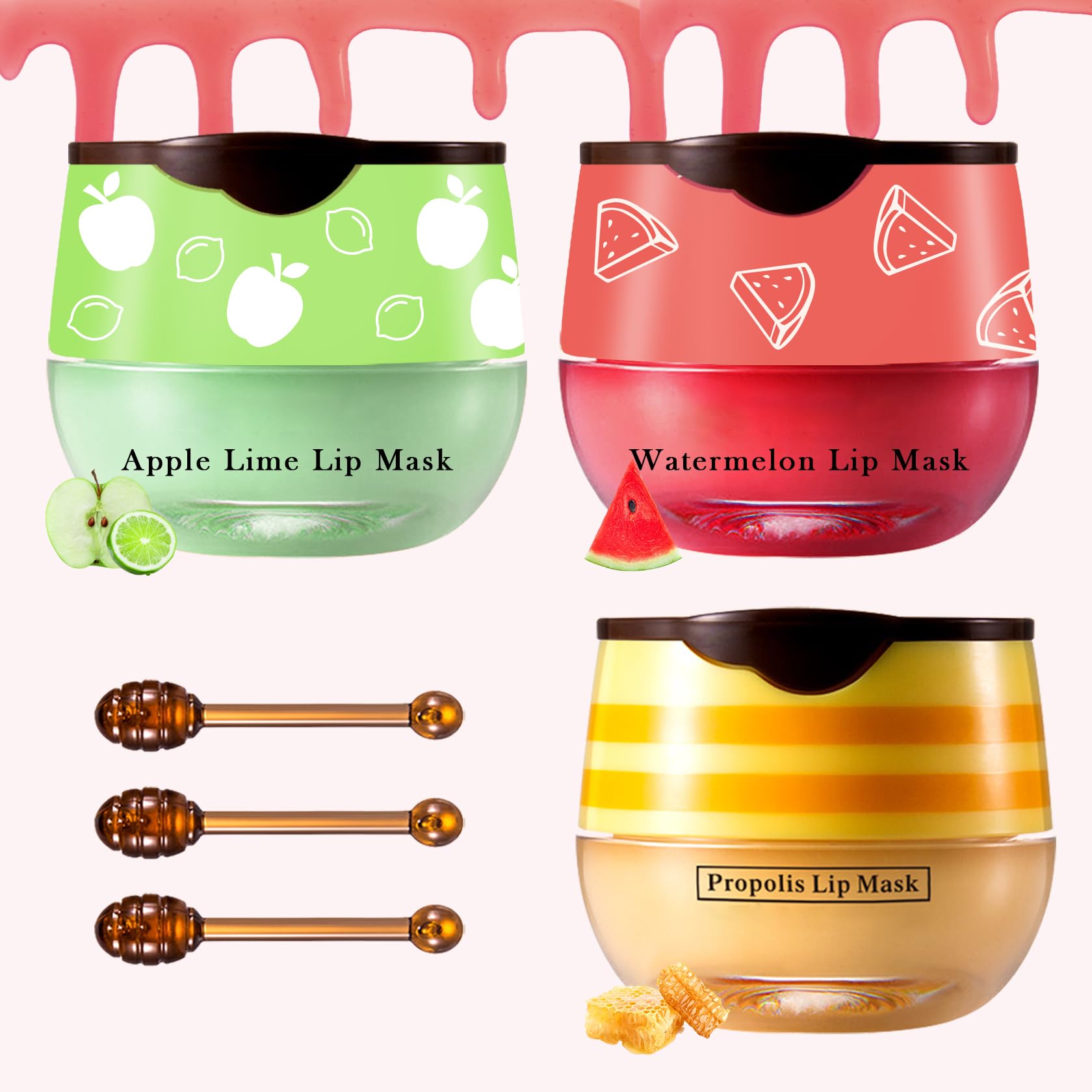 Zhishudl 3Pcs Bee Lip Balm Honey Pot Honey Watermelon Green Apple Lip Balm Lip Sleeping Mask Moisturizing Hydrating Bee Lip Balm