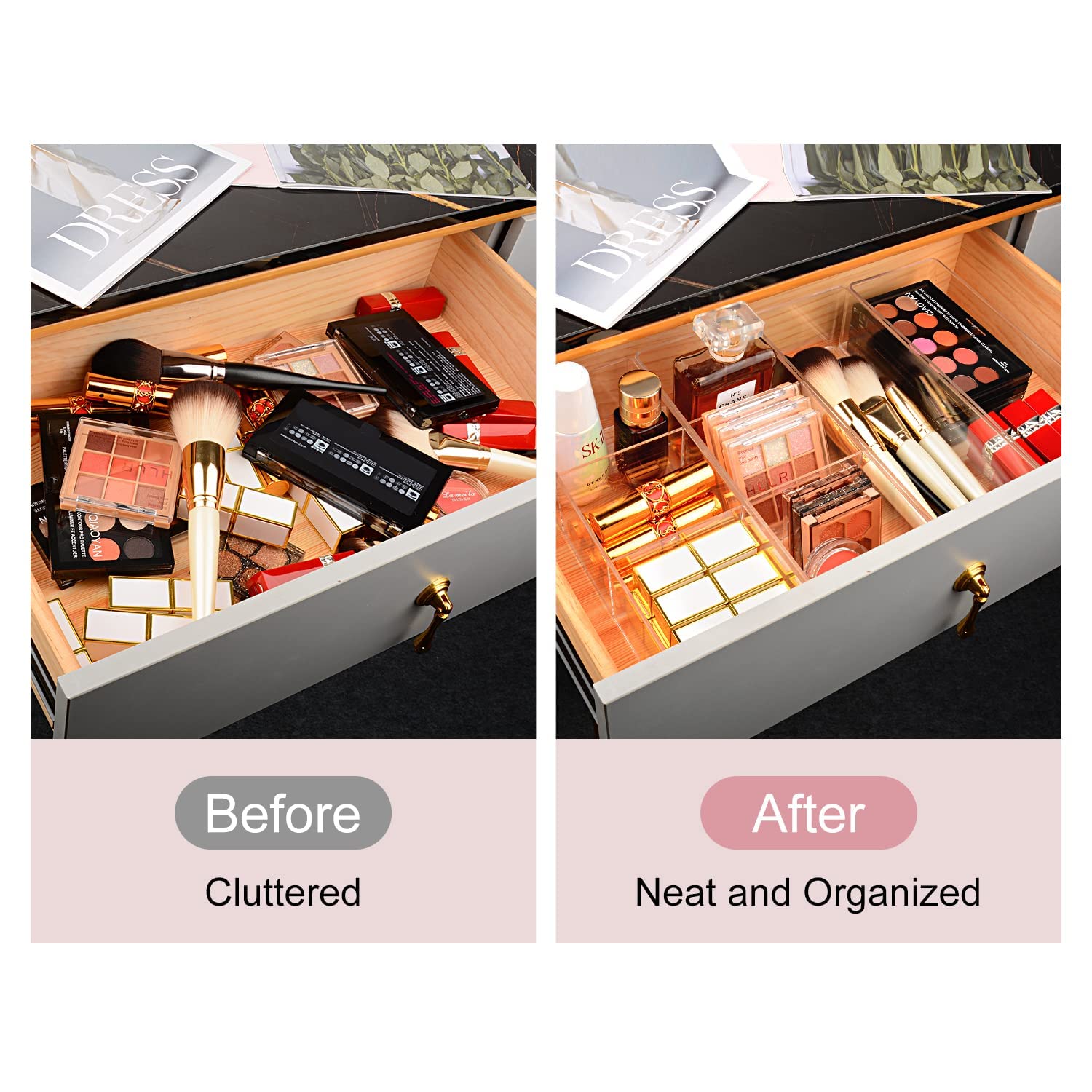 Jesslab Acrylic Organizer, 2Pk Cube Sections Makeup Organizer For Drawer, Makeup Organizer For Vanity, Countertop, Bathroom, Kit