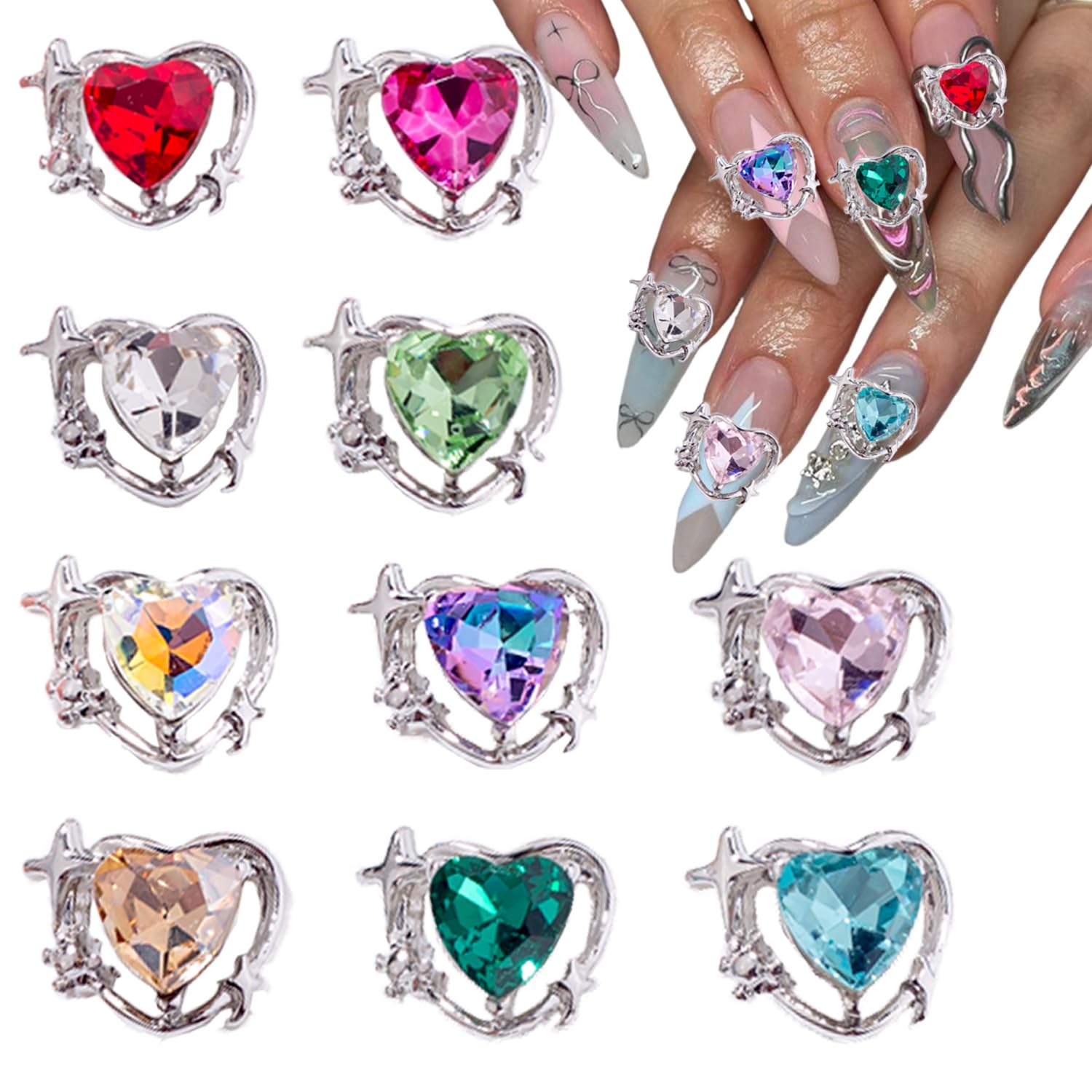 10Pcs Silver Heart Nail Art Charms Rhinestones for Nails Valentine's Day Decals 3D Luxury Love Crystal Nail Rhinestones Gems Lov