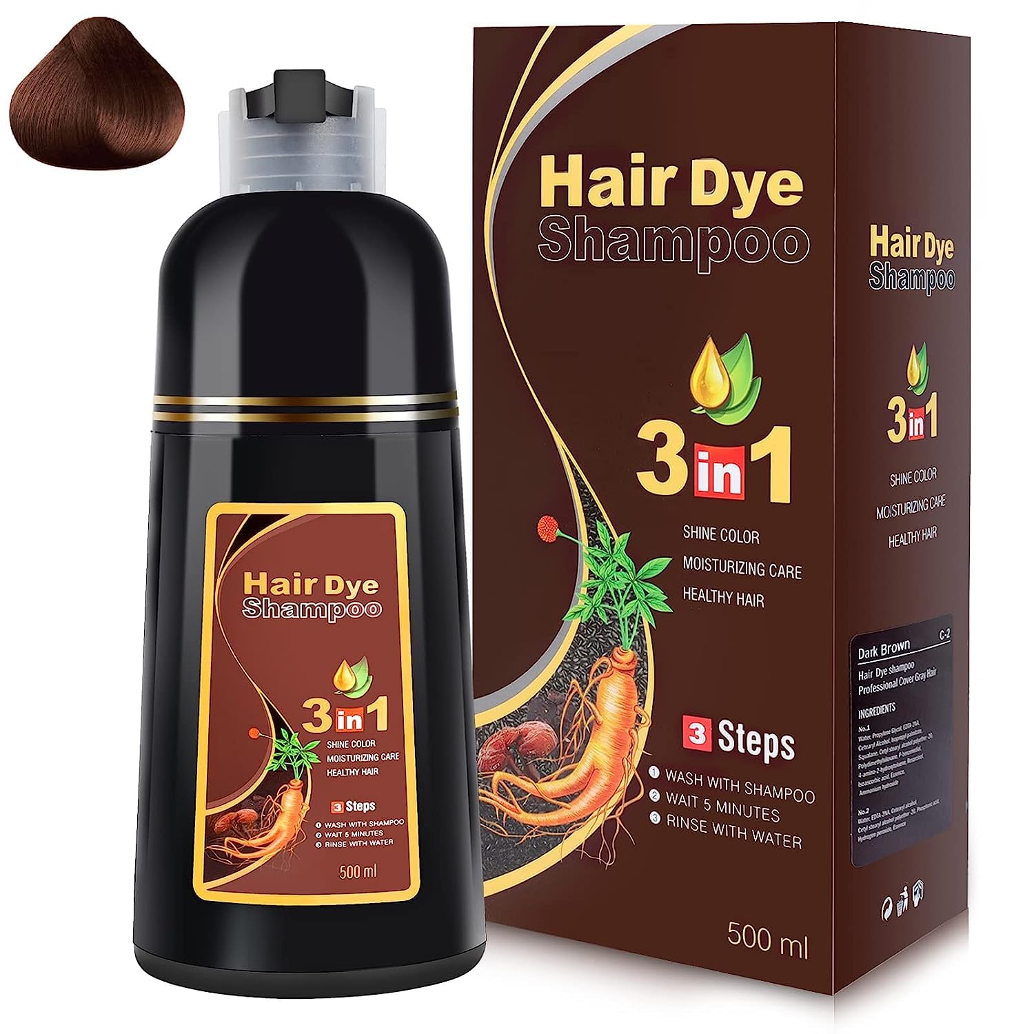 IIIMEIDU Dark Brown Hair Dye Shampoo 3 in 1, Instant Hair Color Shampoo for Women Men, Herbal Ingredients Coloring in Minutes 50
