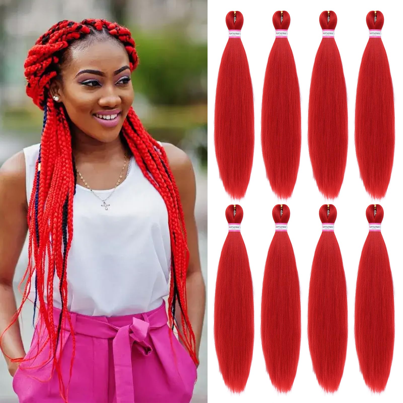 Red Braiding Hair Pre Stretched 20 Inch 8 Packs Braiding Hair Extensions For Crochet Box Braids Twists Locs Hair Soft Yaki Textu