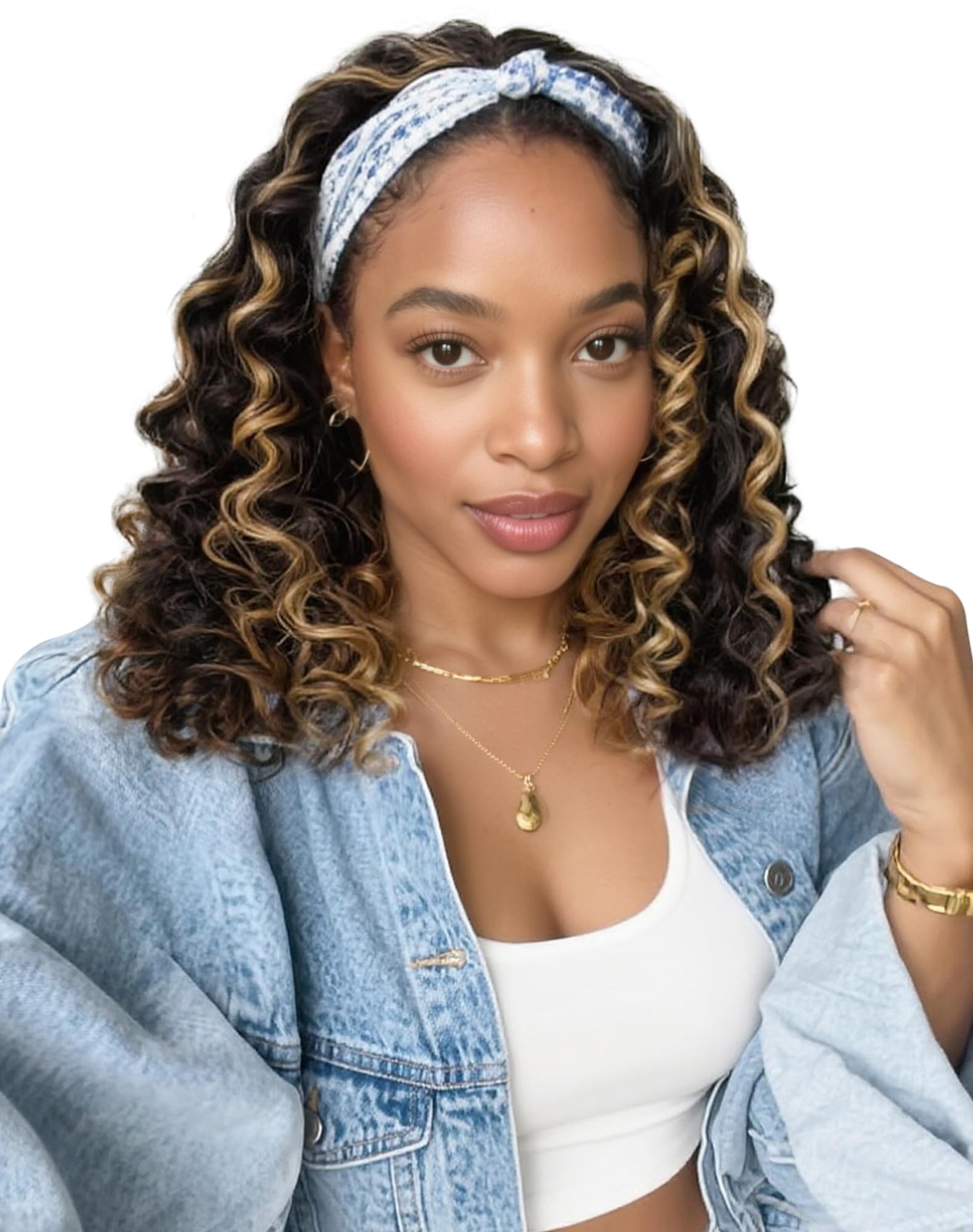 QUEENTAS 14 Inch Deep Wave Curly Headband Wig, #4/27 Brown with Honey Blonde Highlight for Black Women, Glueless Wear and Go Sho