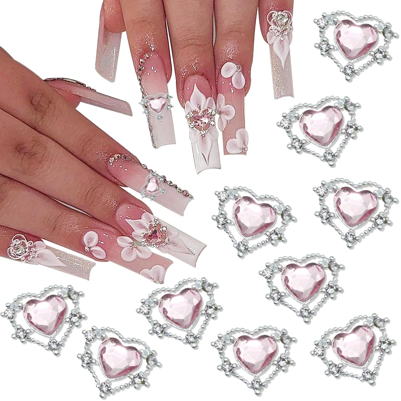 RODAKY 10PCS Heart Nail Charms 3D Pink Heart Nail Art Jewelry with Rhinestones Shiny Nail Gems Cute Nail Decoration for Manicure