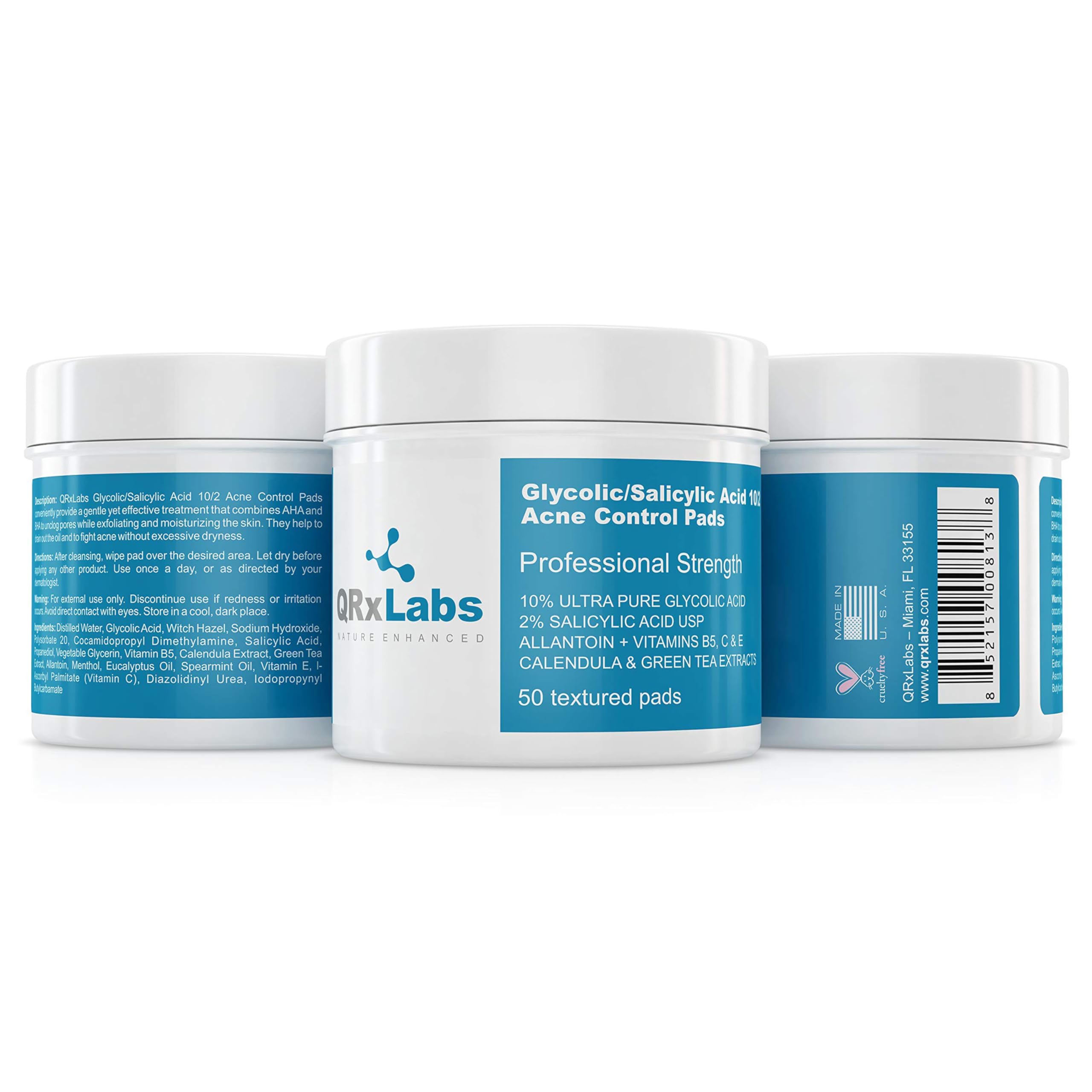 QRxLabs Glycolic + Salicylic Acid Acne Control Pads, 10% Glycolic & 2% Salicylic, 50 Count - Clear Skin Treatment