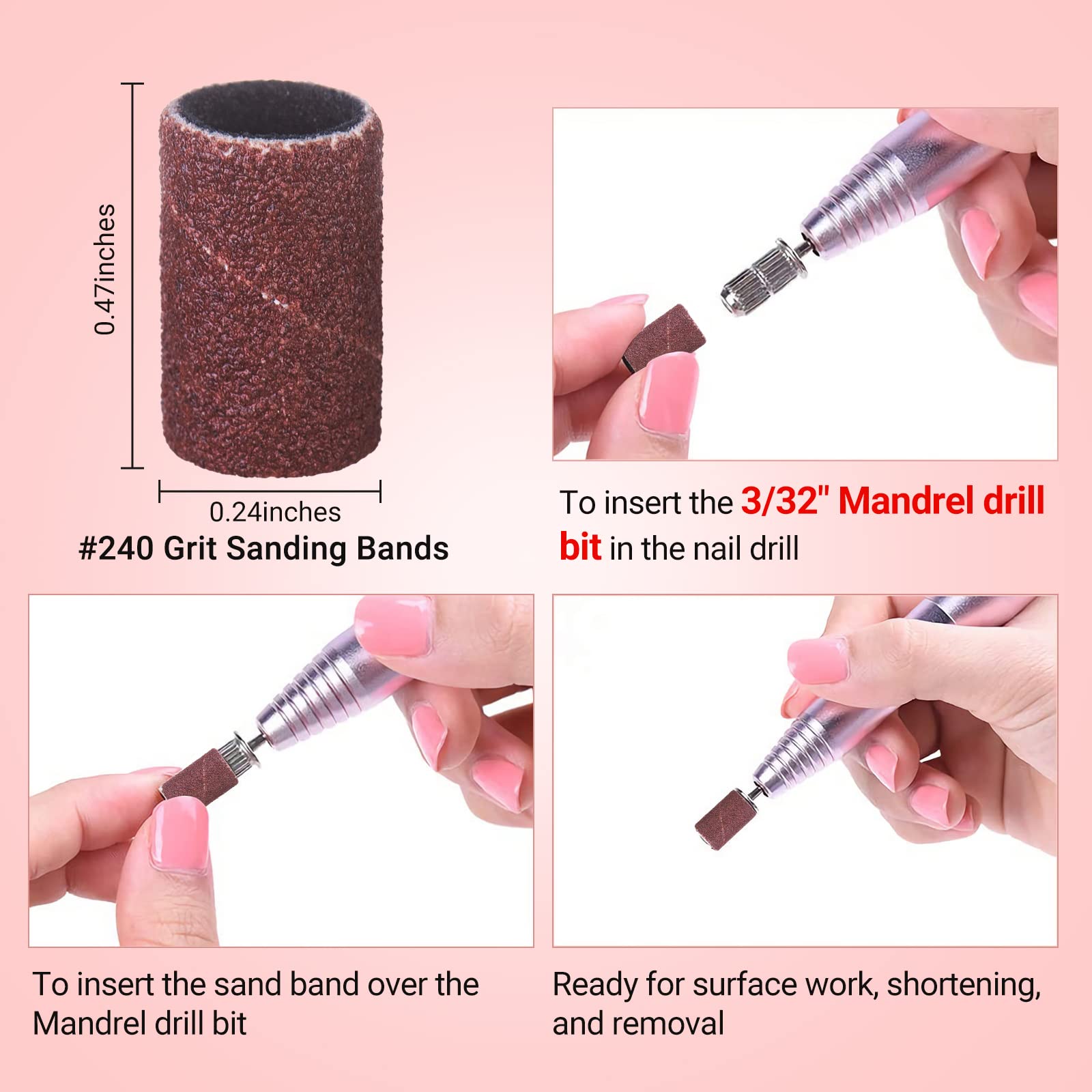 MelodySusie 100 Pcs Nail Drill Bits Sanding Bands for Nail Drill 240 Extreme Fine Grit Nail File Sanding Bands for Acrylic Nails