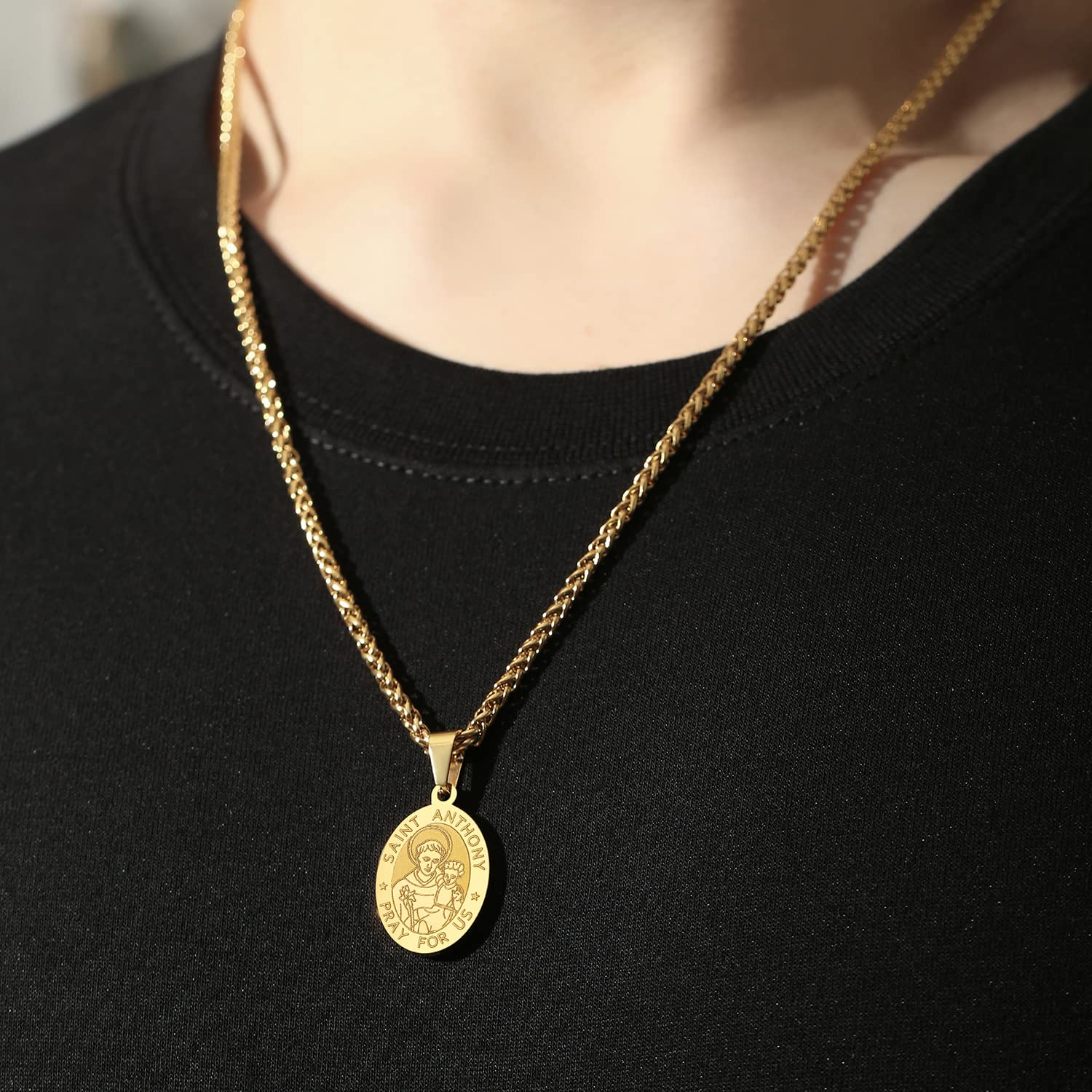 Zocomi 14K Gold Plated Saint St Anthony Medal Necklace for Men Boys, St. Anthony Pendant Chain Jewelry Catholic Christian Religi