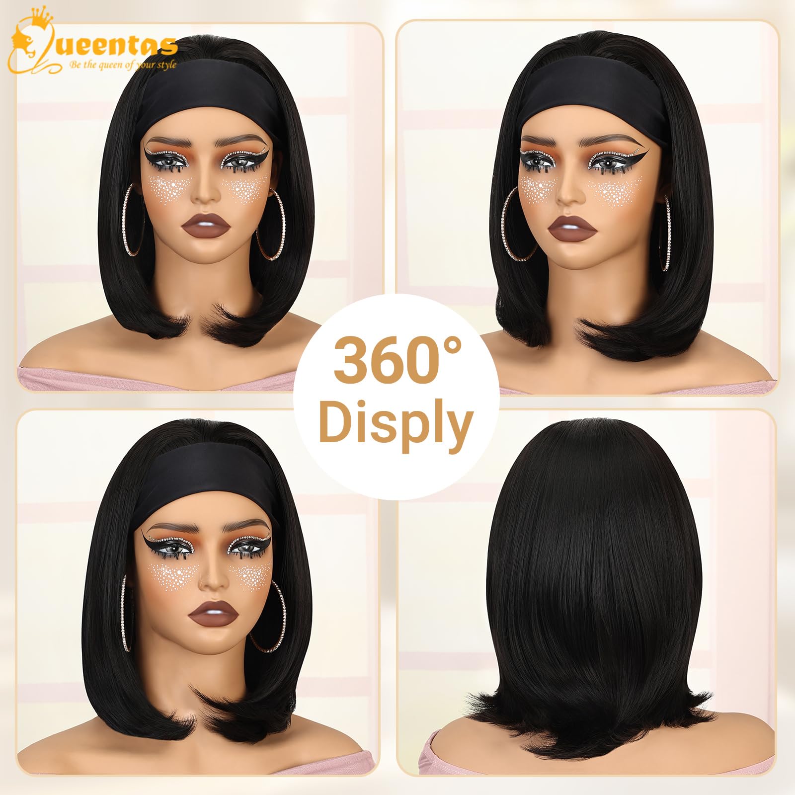 QUEENTAS 13 Bob Headband Wigs for Black Women Natural Black Bob Straight Hair Synthetic Headband Wigs Shoulder Length No Lace Ea