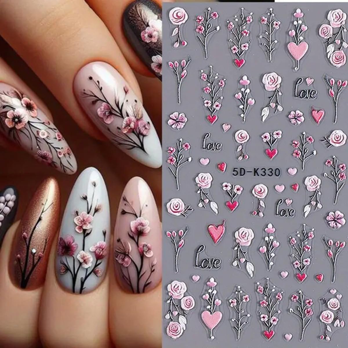 Flower Nail Art Stickers Decals 5D Embossed Flowers Nail Decals 3Pcs Purple&Pink Floral Valentines Day Rose Love Heart 3D Self-A