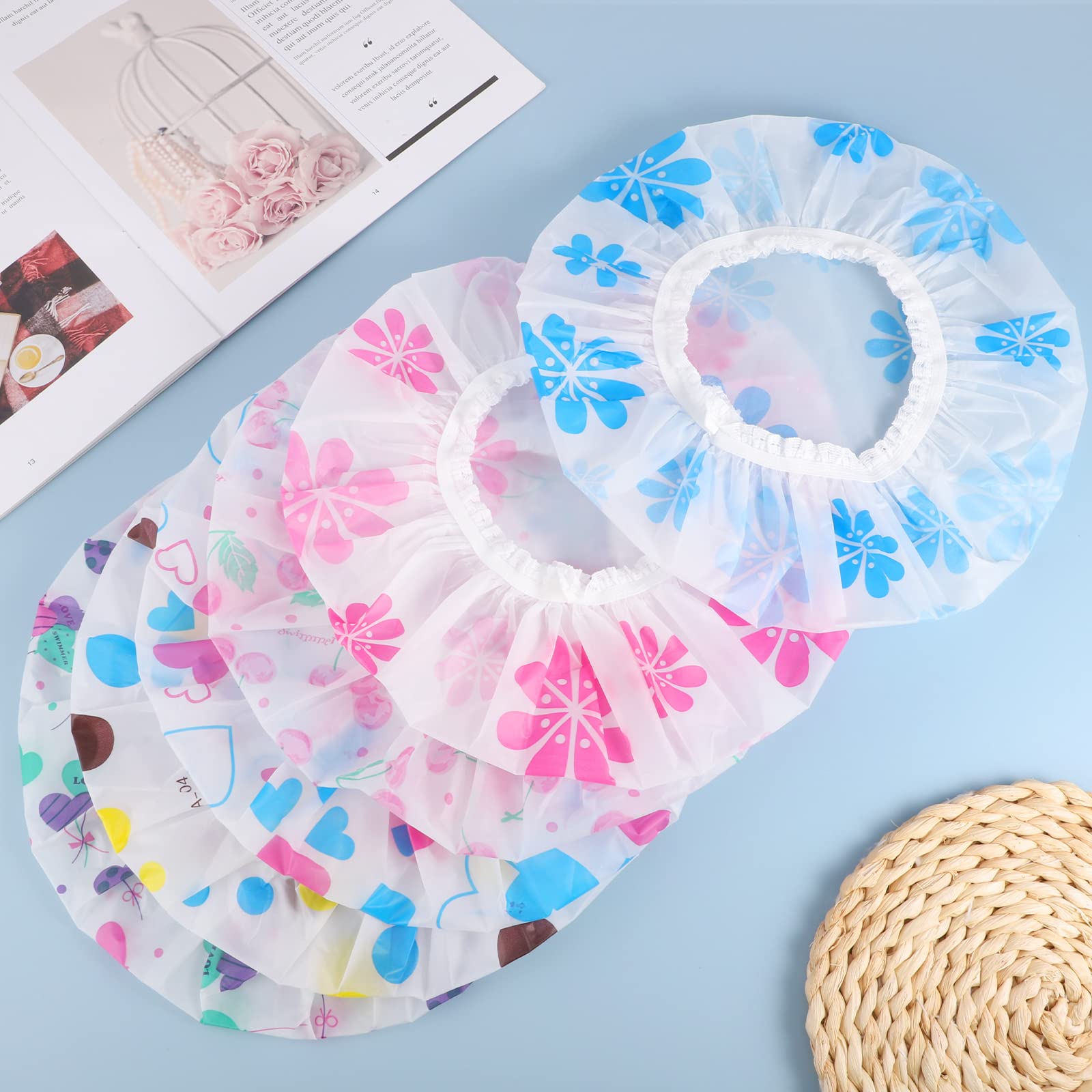 6 Pcs Shower Caps, Waterproof Bath Caps Plastic Reusable Shower Caps Elastic Band Bath Hair Caps For Women Kids