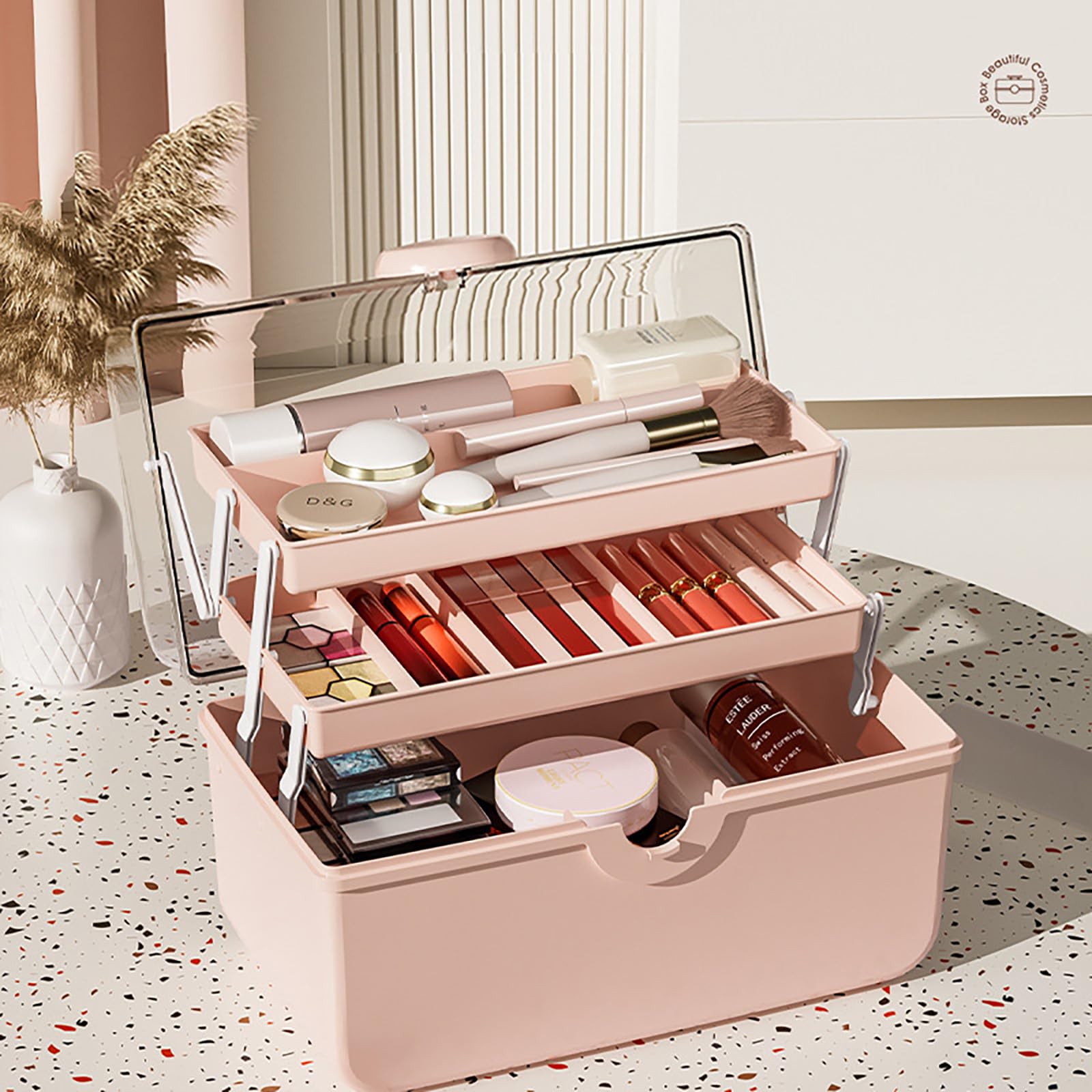 WMM Makeup Storage Organizer, Large Capacity Makeup Organizer with Transparent Visual Cover, Handle 3 Layers Portable Cosmetic S