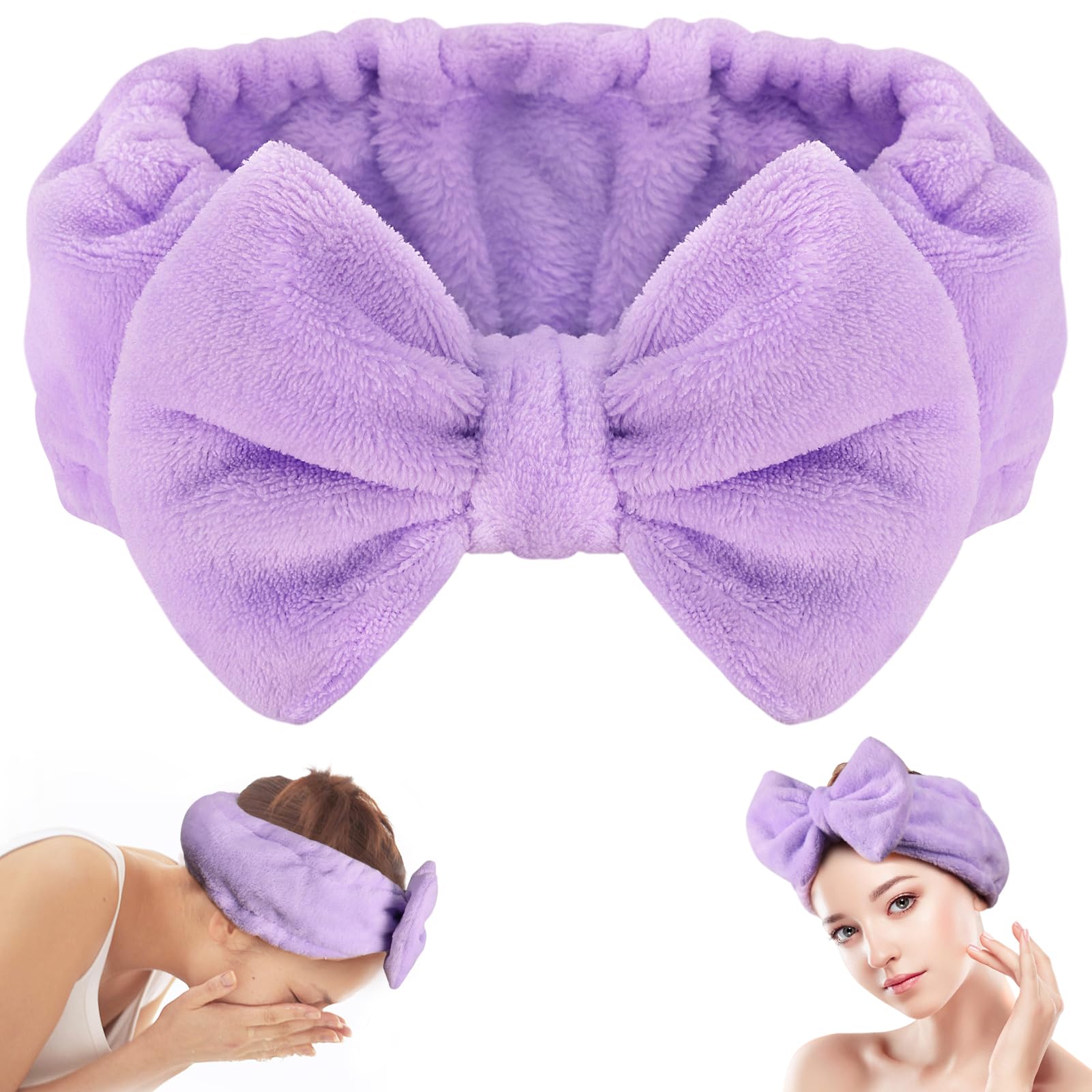 Shintop Spa Headband, Soft Makeup Headband With Cute Bow Elastic Face Wash Headband For Skincare Facial Mask Showers(Purple)