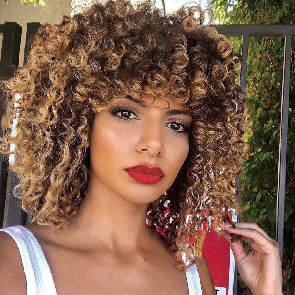 YEAME Curly Wigs for Black Women - Kinky Afro Curly Wig with Bangs 2 Tone Blonde Mixed Brown Color Synthetic Heat Resistant Full